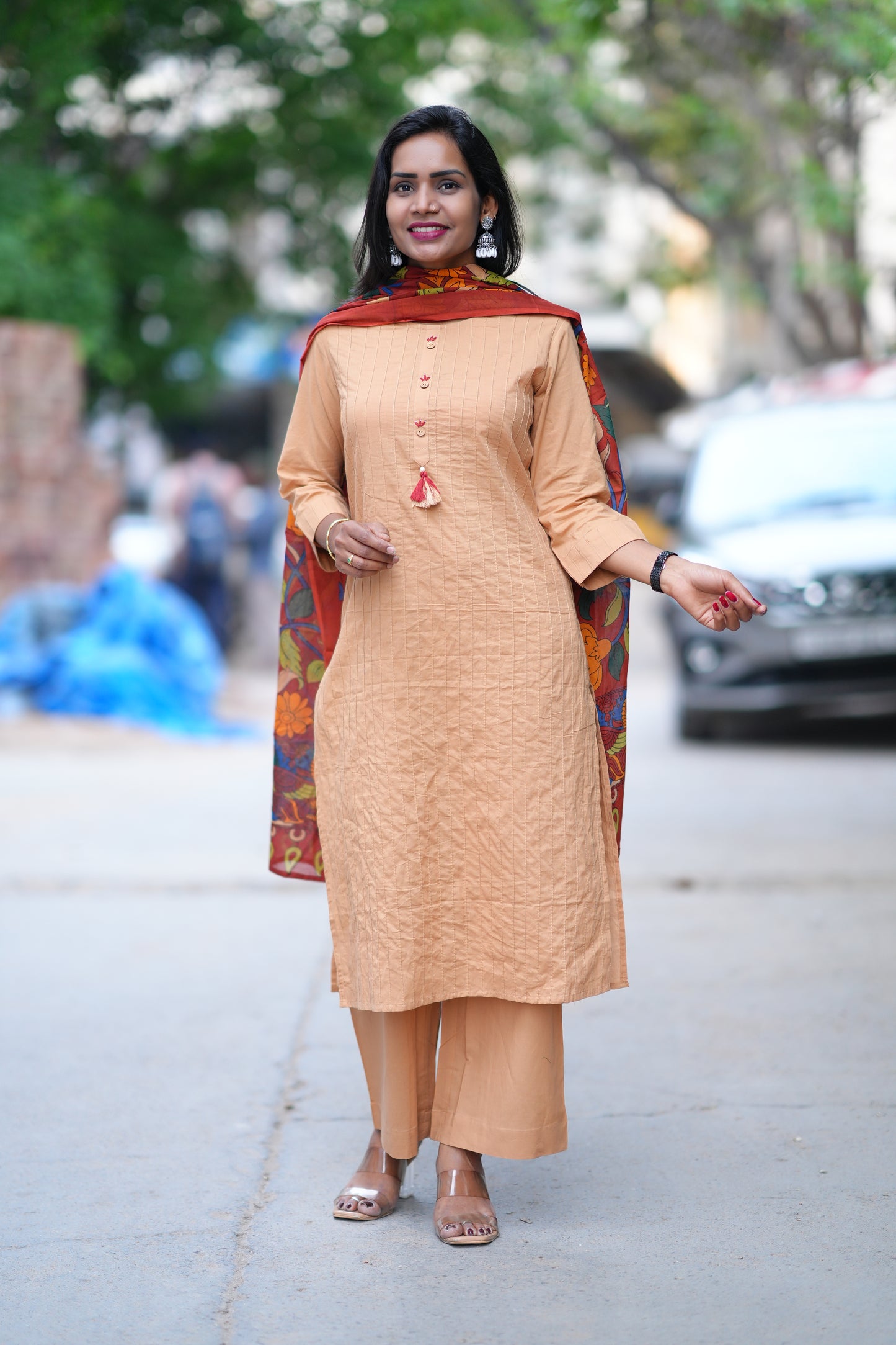 Beige Color Pant Cotton 3 Piece Set With Contrast Dupatta