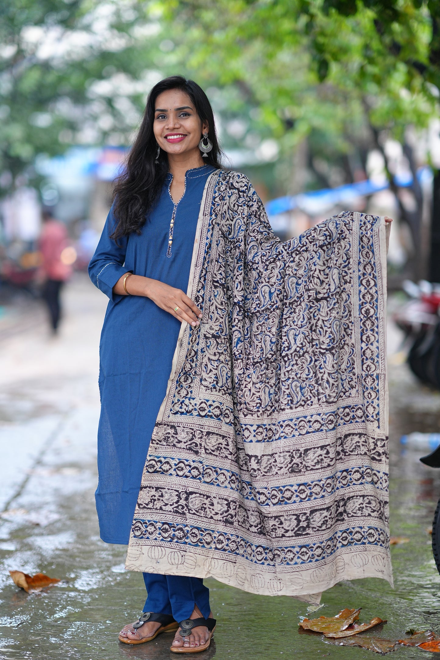 Blue Color Pure Jaipur Cotton Chinese Collar Straight Cut With Kalamkari Dupatta