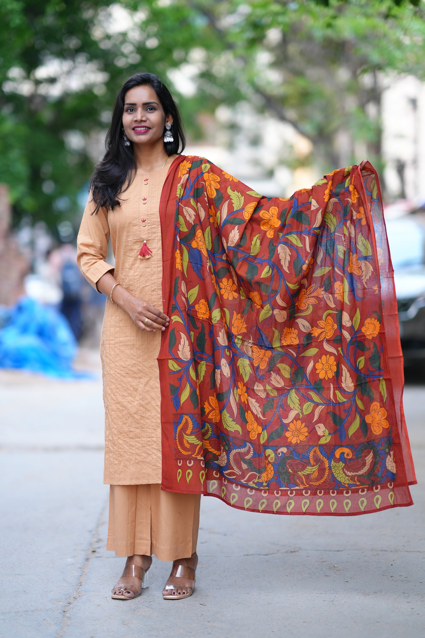 Beige Color Pant Cotton 3 Piece Set With Contrast Dupatta