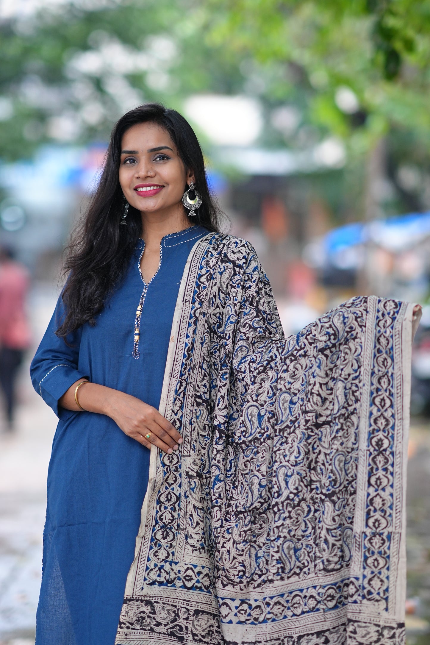 Blue Color Pure Jaipur Cotton Chinese Collar Straight Cut With Kalamkari Dupatta