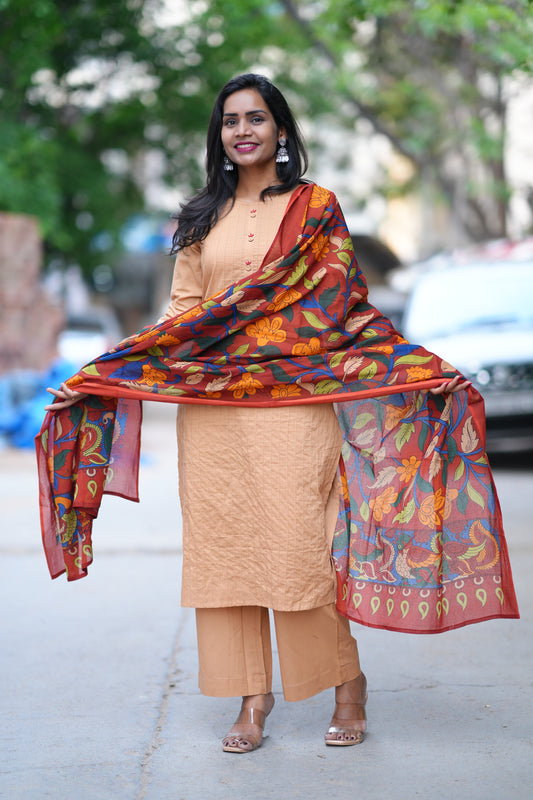 Beige Color Pant Cotton 3 Piece Set With Contrast Dupatta