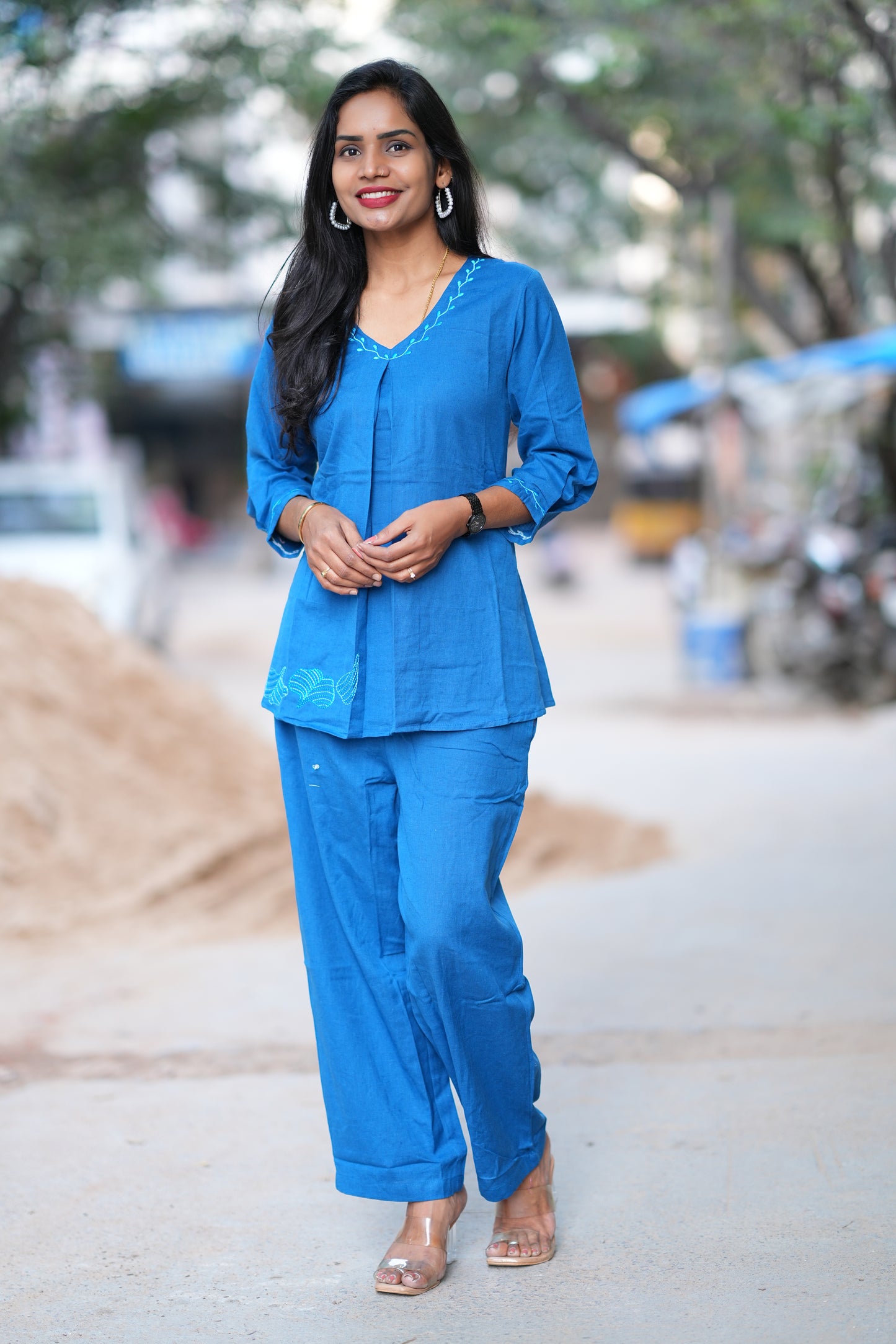 Blue shade Stylish Office Wear Coord Set With Embroidery Work