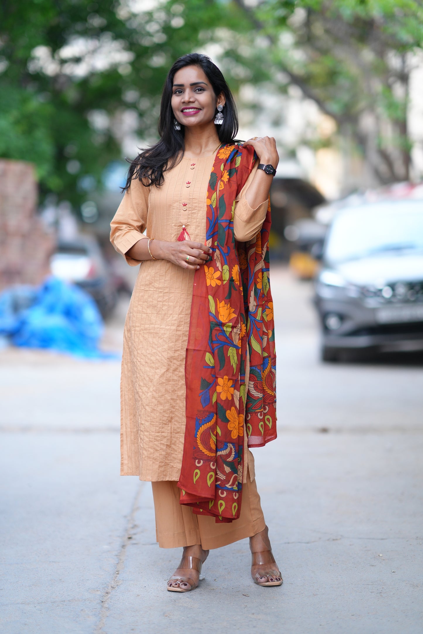Beige Color Pant Cotton 3 Piece Set With Contrast Dupatta