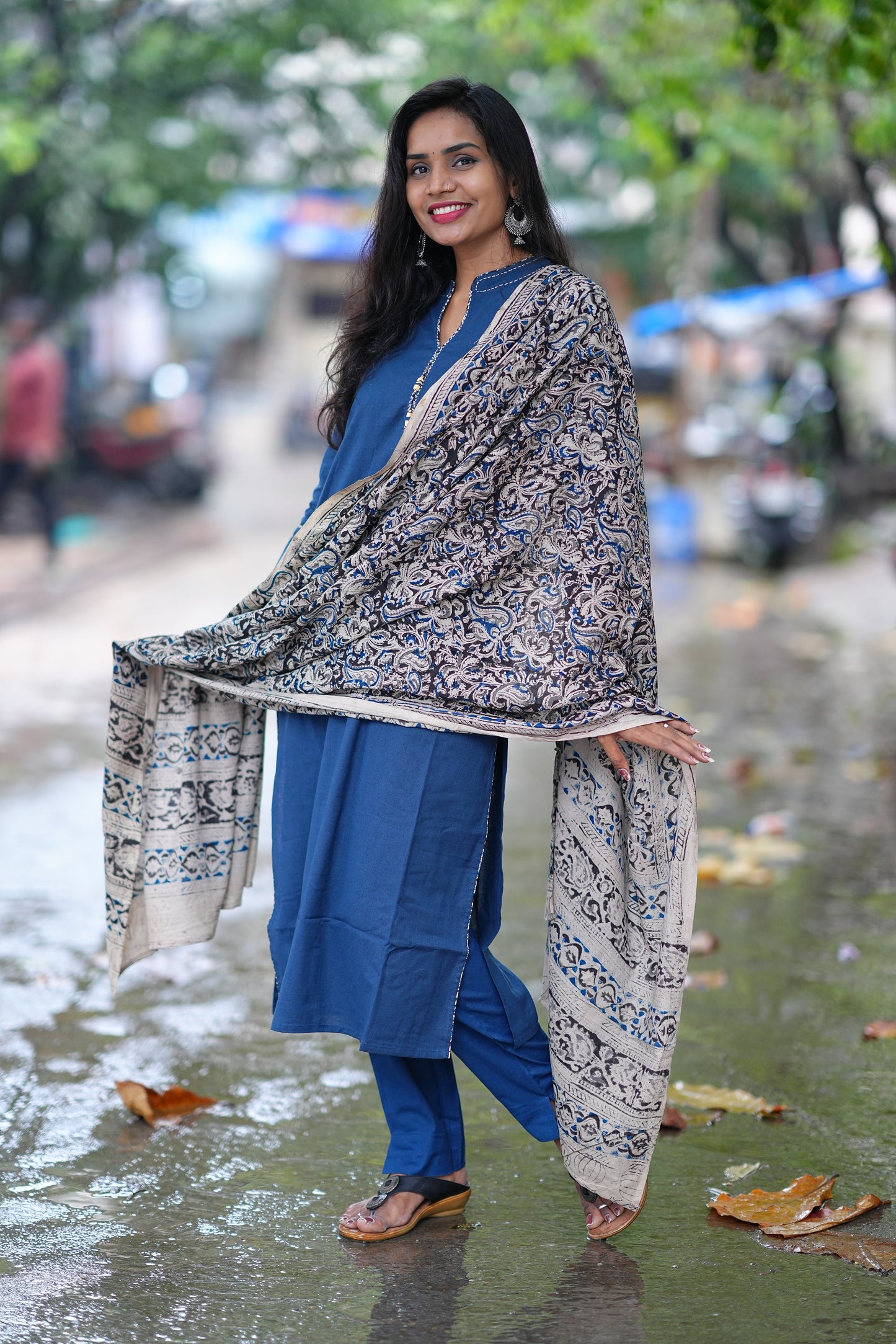 Blue Color Pure Jaipur Cotton Chinese Collar Straight Cut With Kalamkari Dupatta