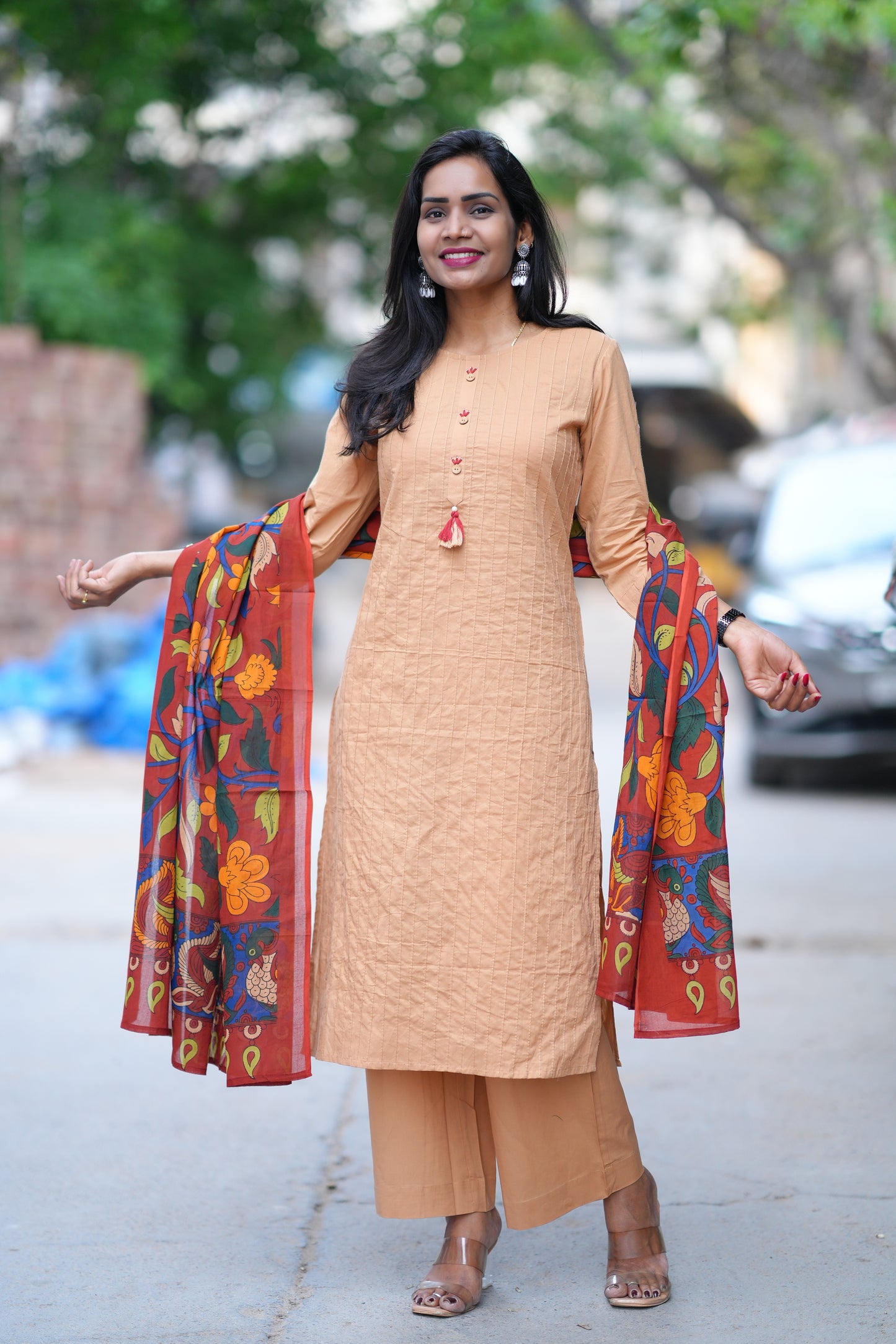 Beige Color Pant Cotton 3 Piece Set With Contrast Dupatta