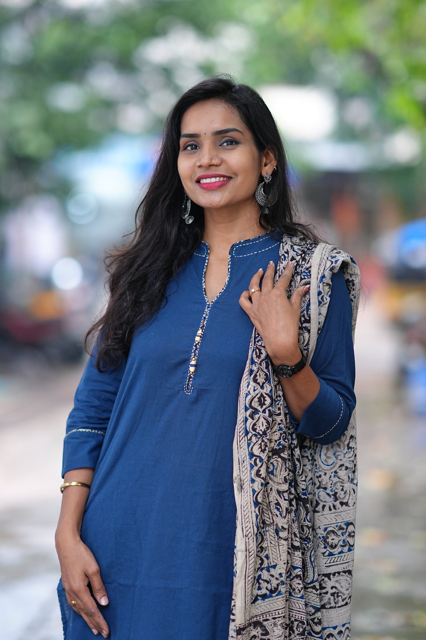 Blue Color Pure Jaipur Cotton Chinese Collar Straight Cut With Kalamkari Dupatta