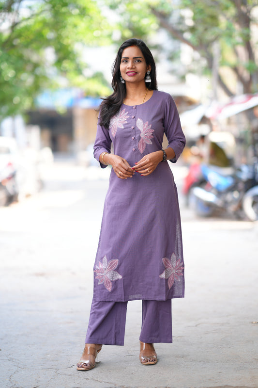 Purple Color Slub Cotton Cord Set With Embroidery Work