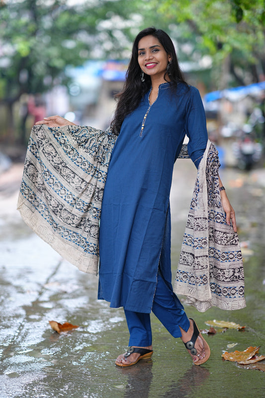 Blue Color Pure Jaipur Cotton Chinese Collar Straight Cut With Kalamkari Dupatta