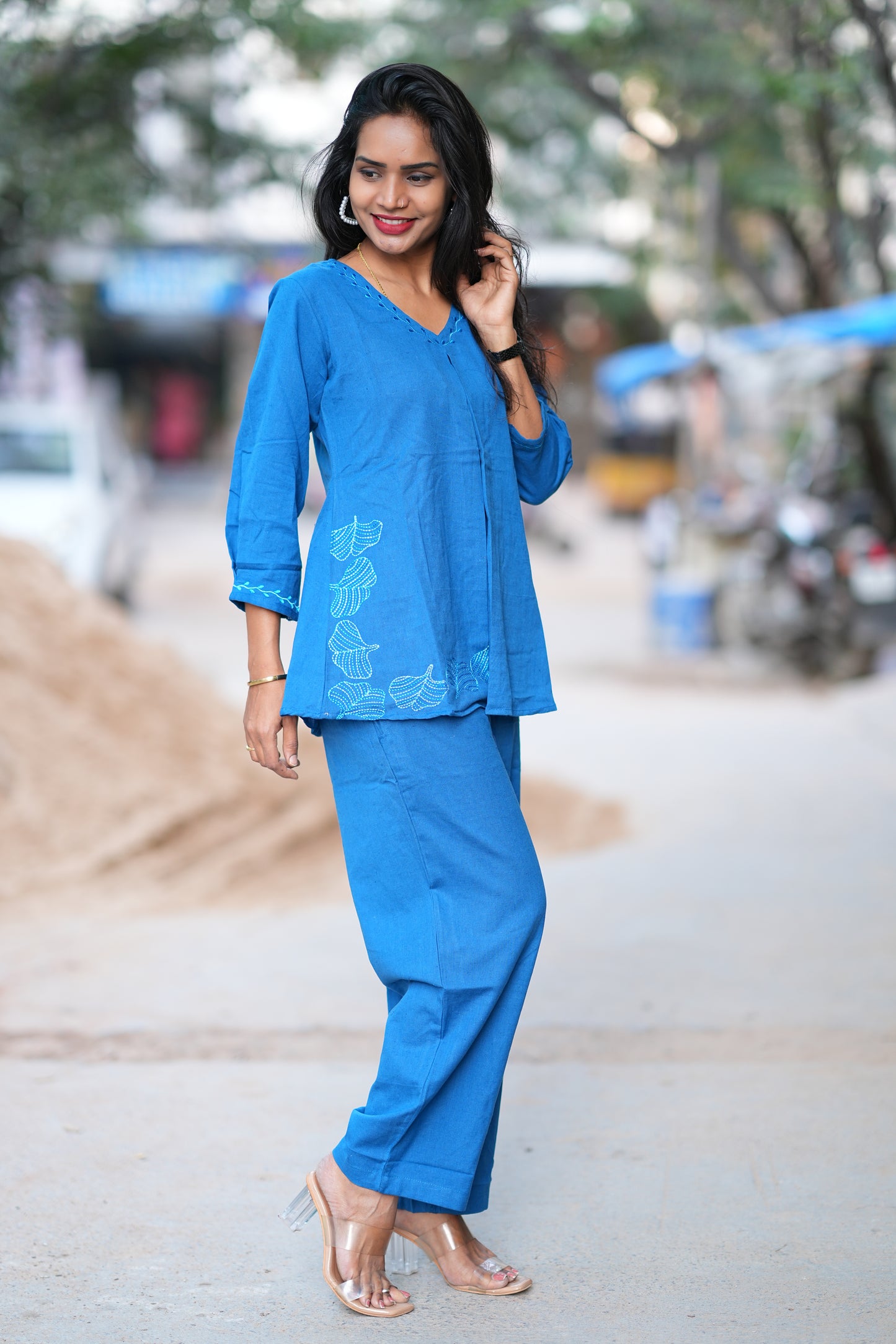 Blue shade Stylish Office Wear Coord Set With Embroidery Work