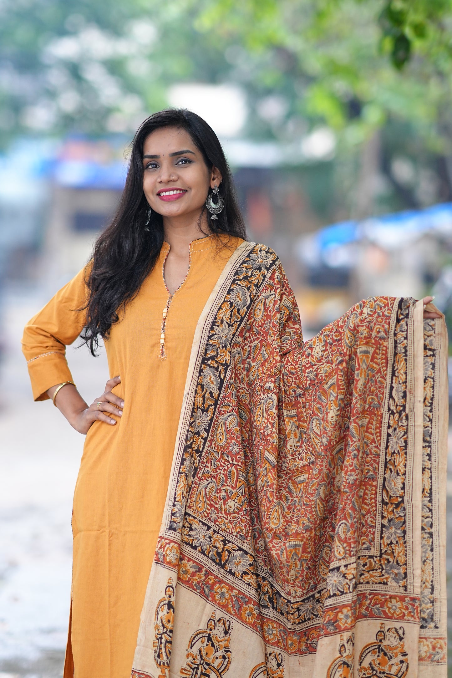 Yellow Color Pure Jaipur Cotton Chinese Collar Straight Cut With Kalamkari Dupatta