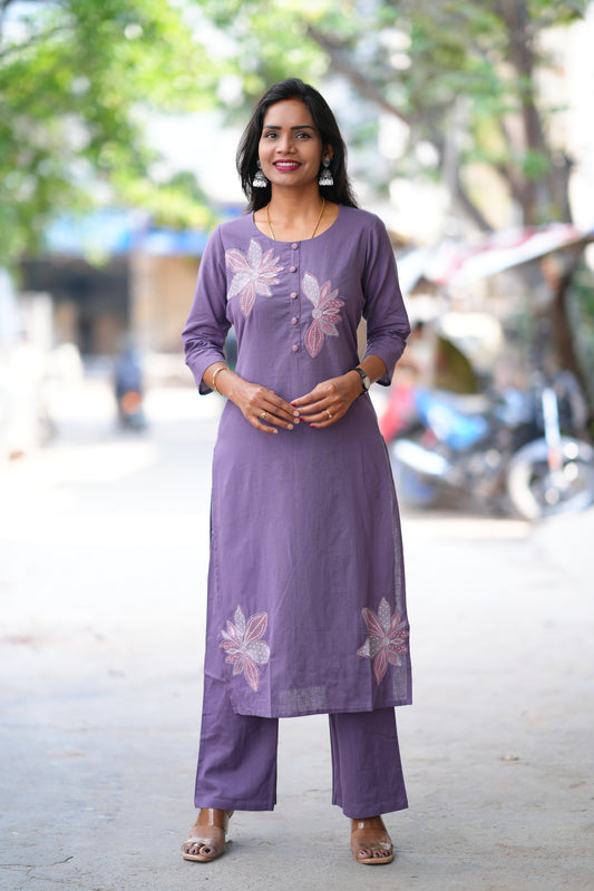 Purple Color Slub Cotton Cord Set With Embroidery Work