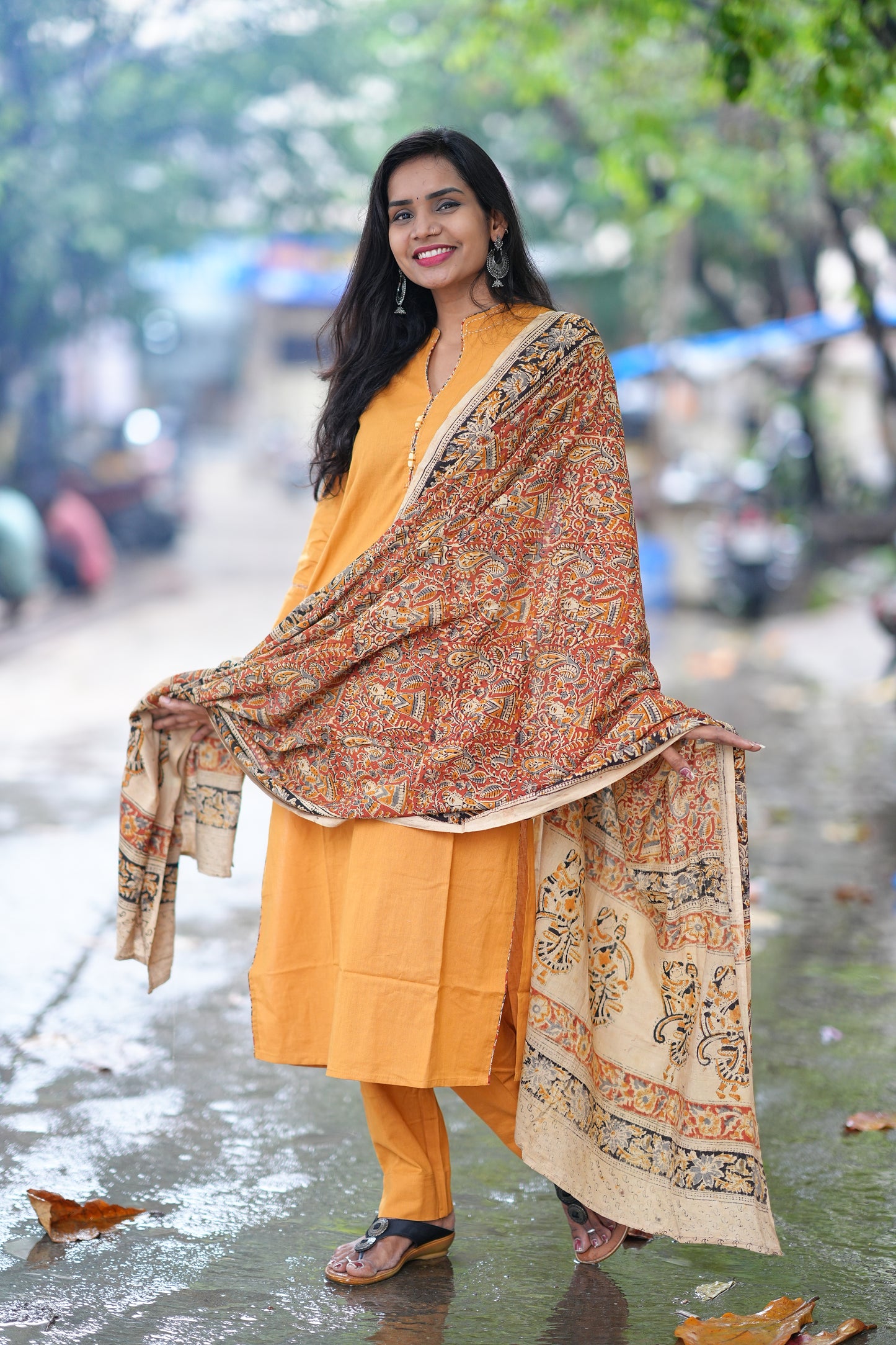 Yellow Color Pure Jaipur Cotton Chinese Collar Straight Cut With Kalamkari Dupatta