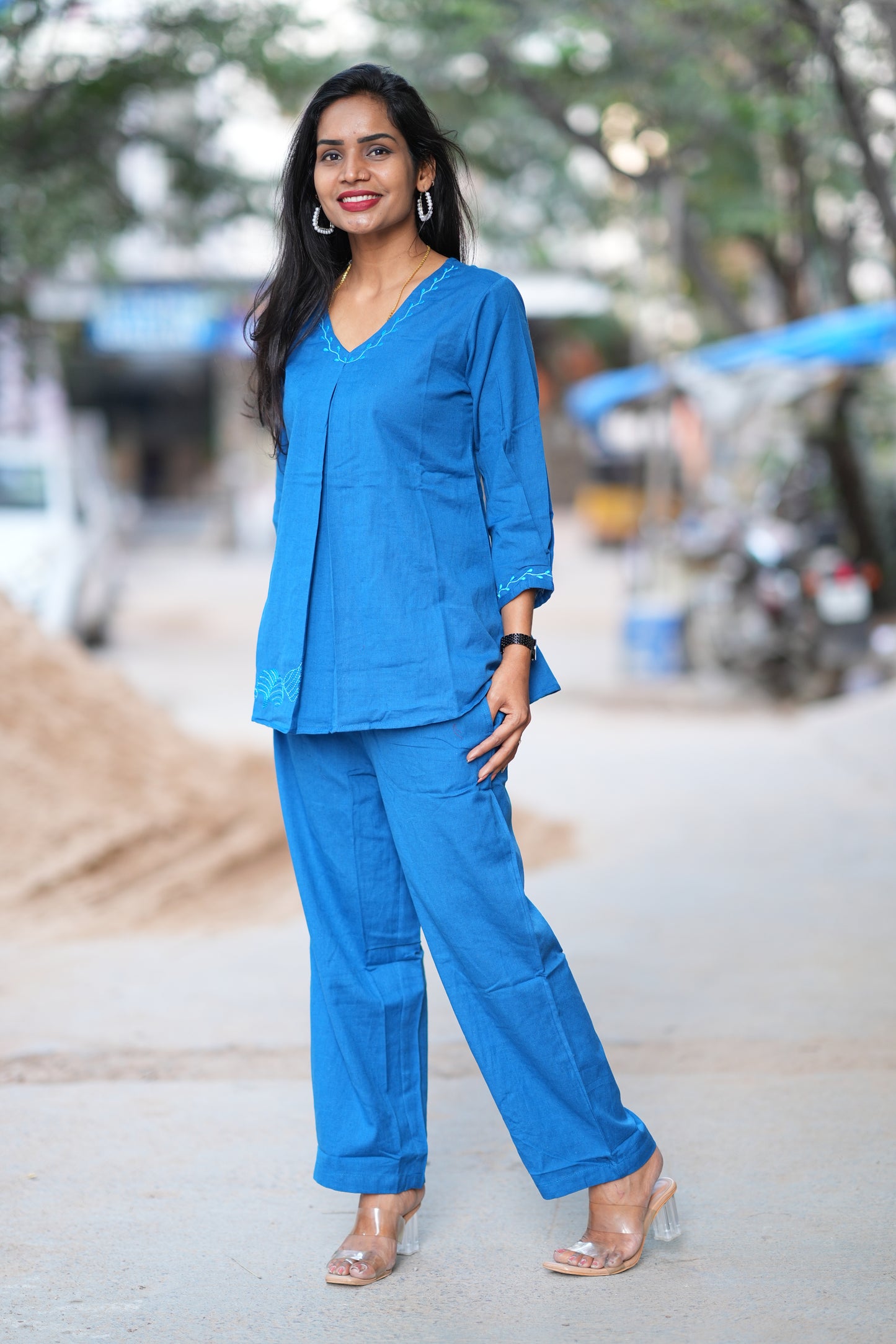 Blue shade Stylish Office Wear Coord Set With Embroidery Work