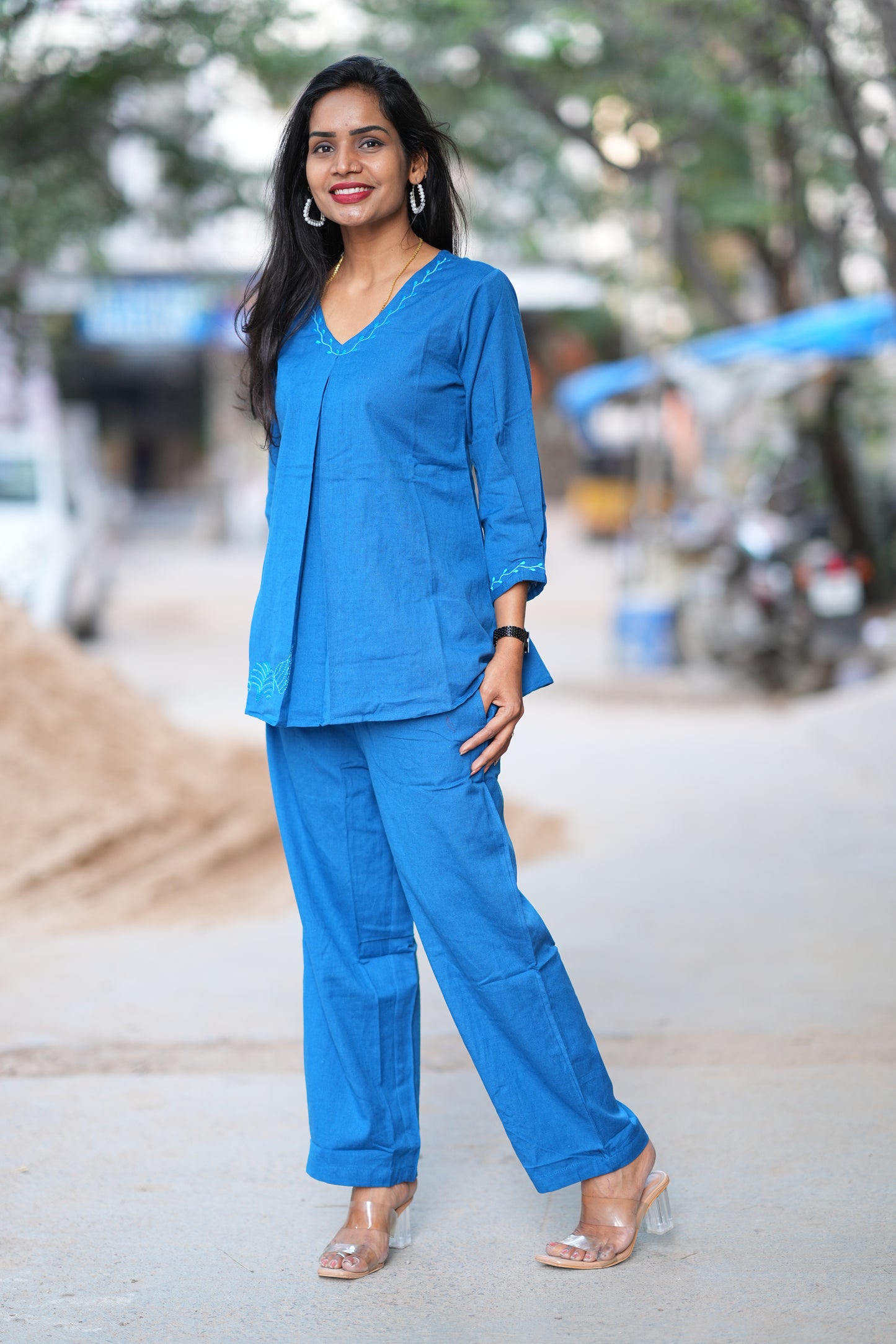 Blue shade Stylish Office Wear Coord Set With Embroidery Work