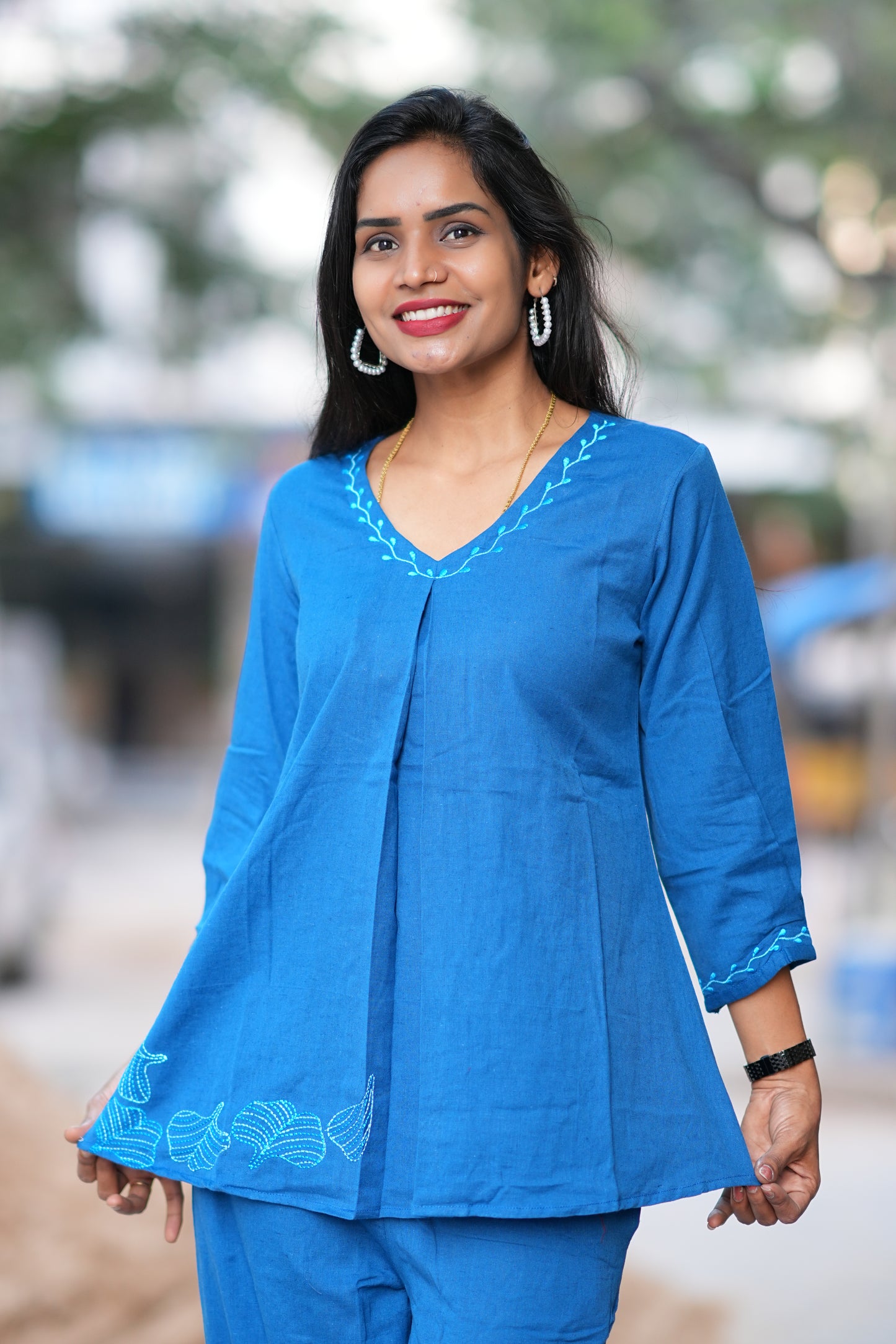 Blue shade Stylish Office Wear Coord Set With Embroidery Work