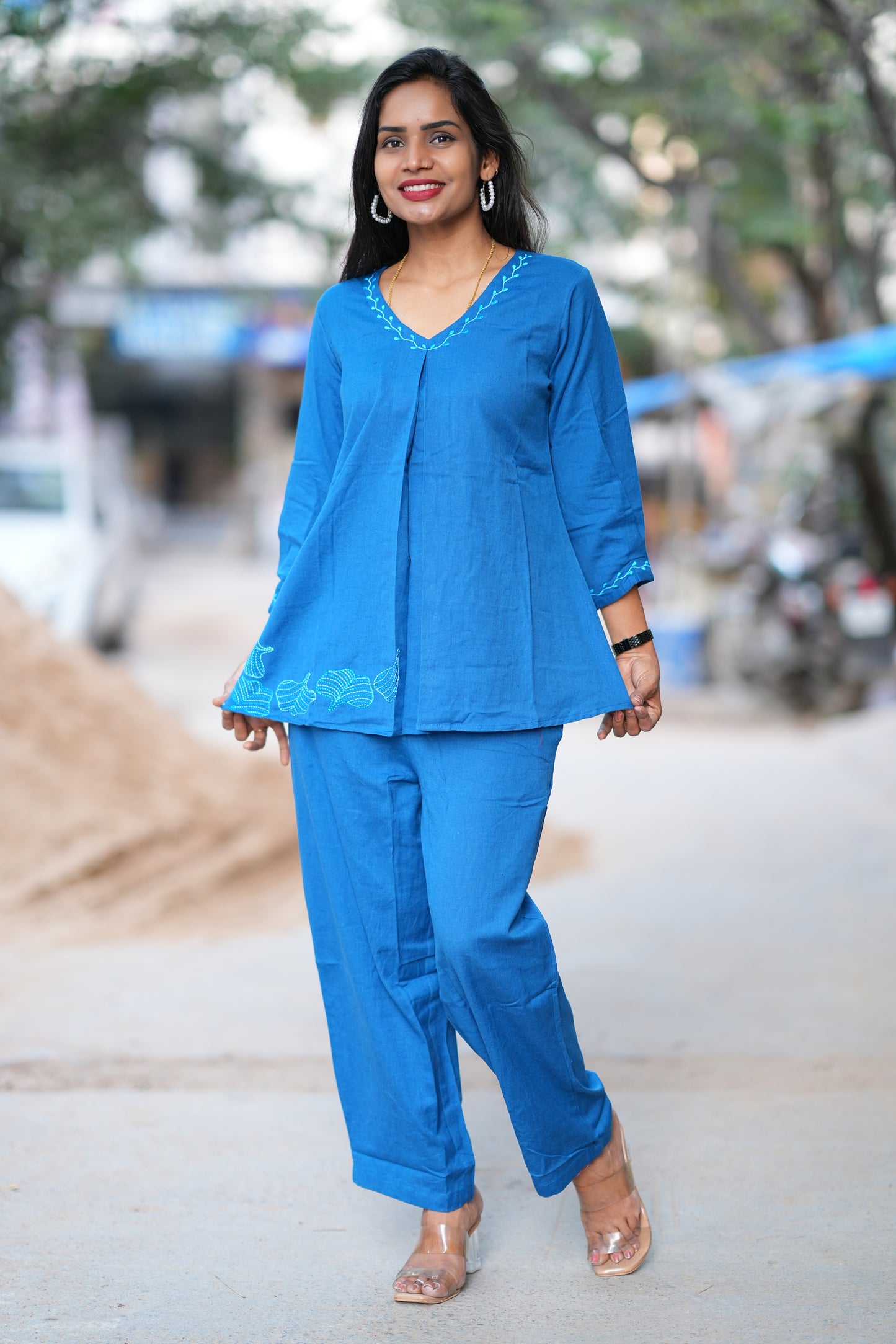 Blue shade Stylish Office Wear Coord Set With Embroidery Work