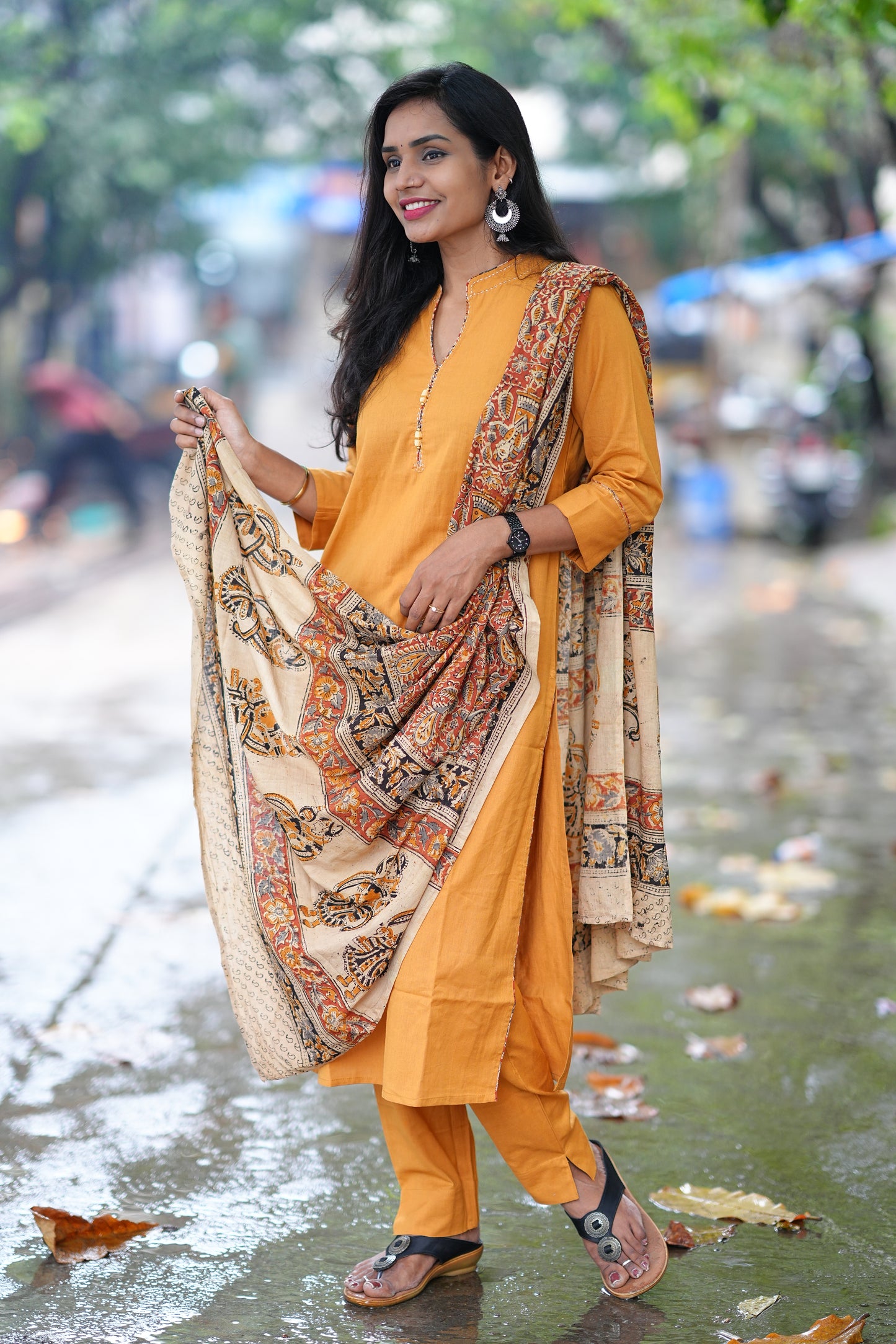 Yellow Color Pure Jaipur Cotton Chinese Collar Straight Cut With Kalamkari Dupatta