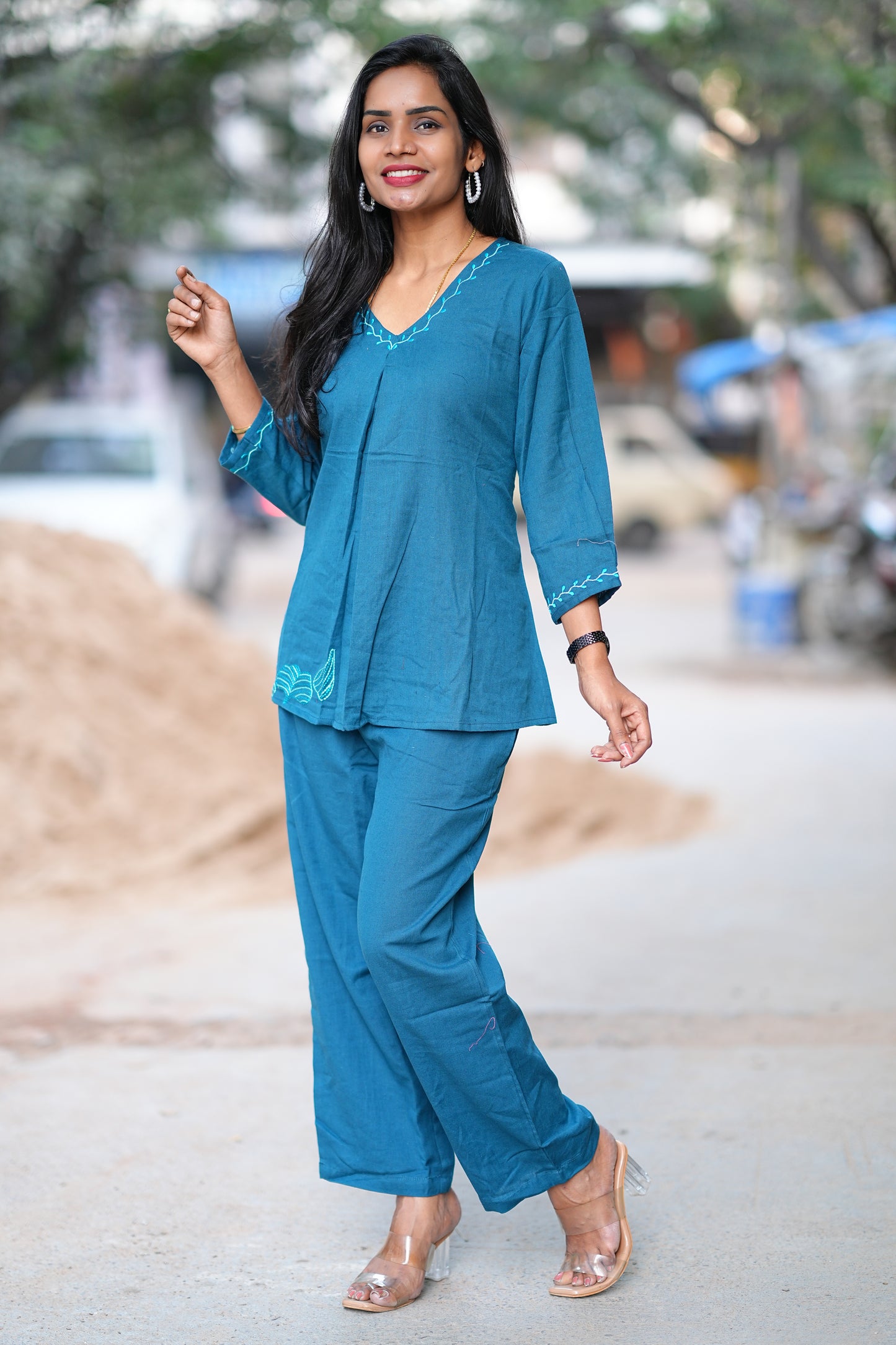 Russian Green Stylish Office Wear Coord Set With Embroidery Work