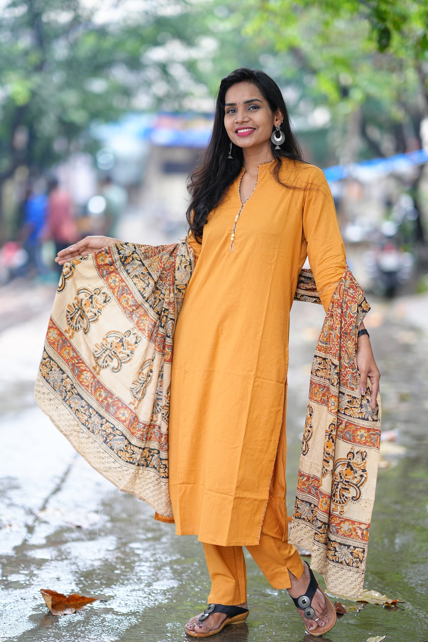Yellow Color Pure Jaipur Cotton Chinese Collar Straight Cut With Kalamkari Dupatta
