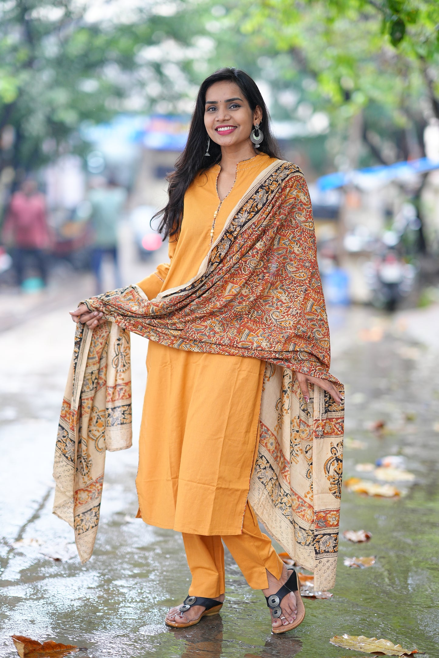 Yellow Color Pure Jaipur Cotton Chinese Collar Straight Cut With Kalamkari Dupatta