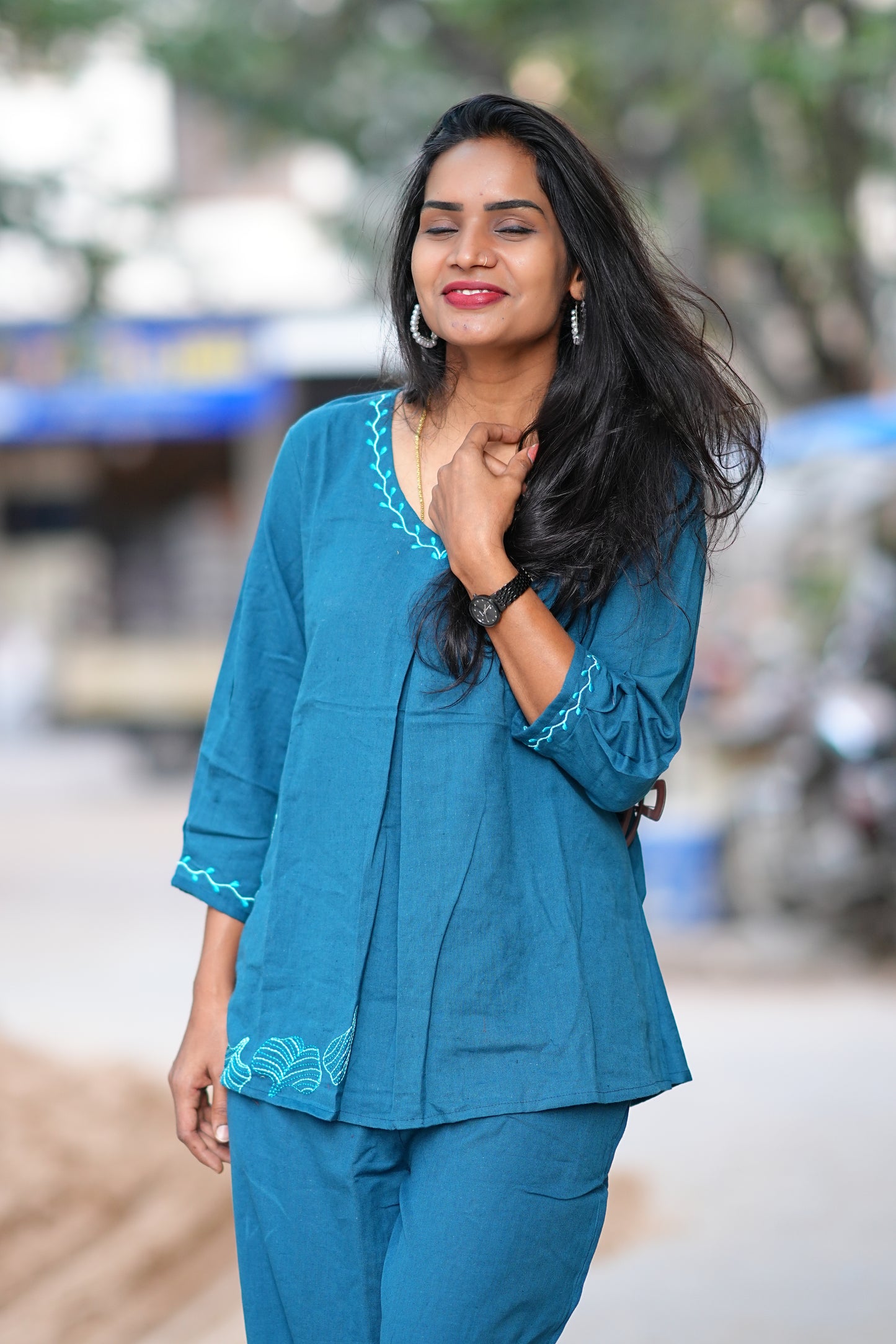 Russian Green Stylish Office Wear Coord Set With Embroidery Work