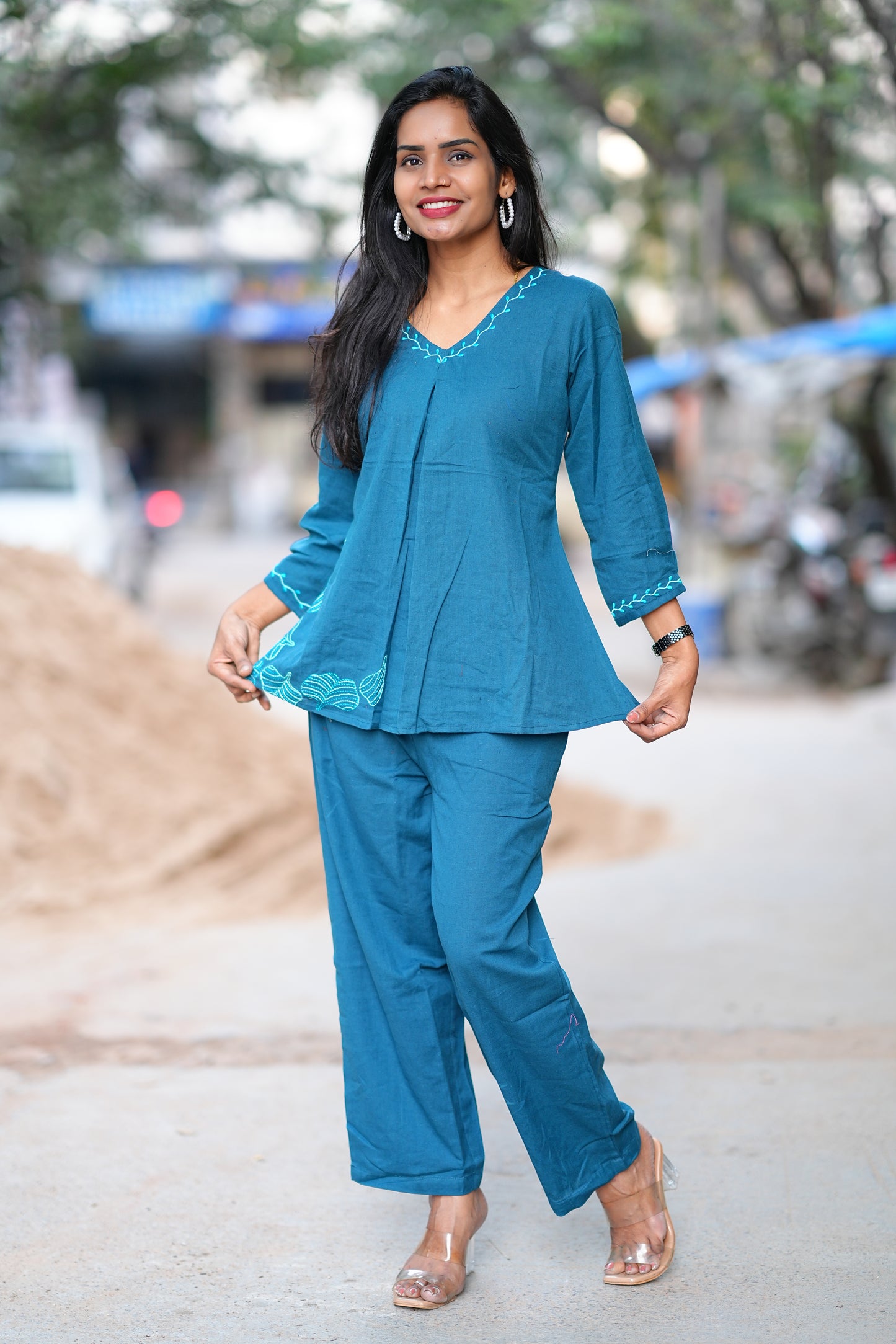 Russian Green Stylish Office Wear Coord Set With Embroidery Work