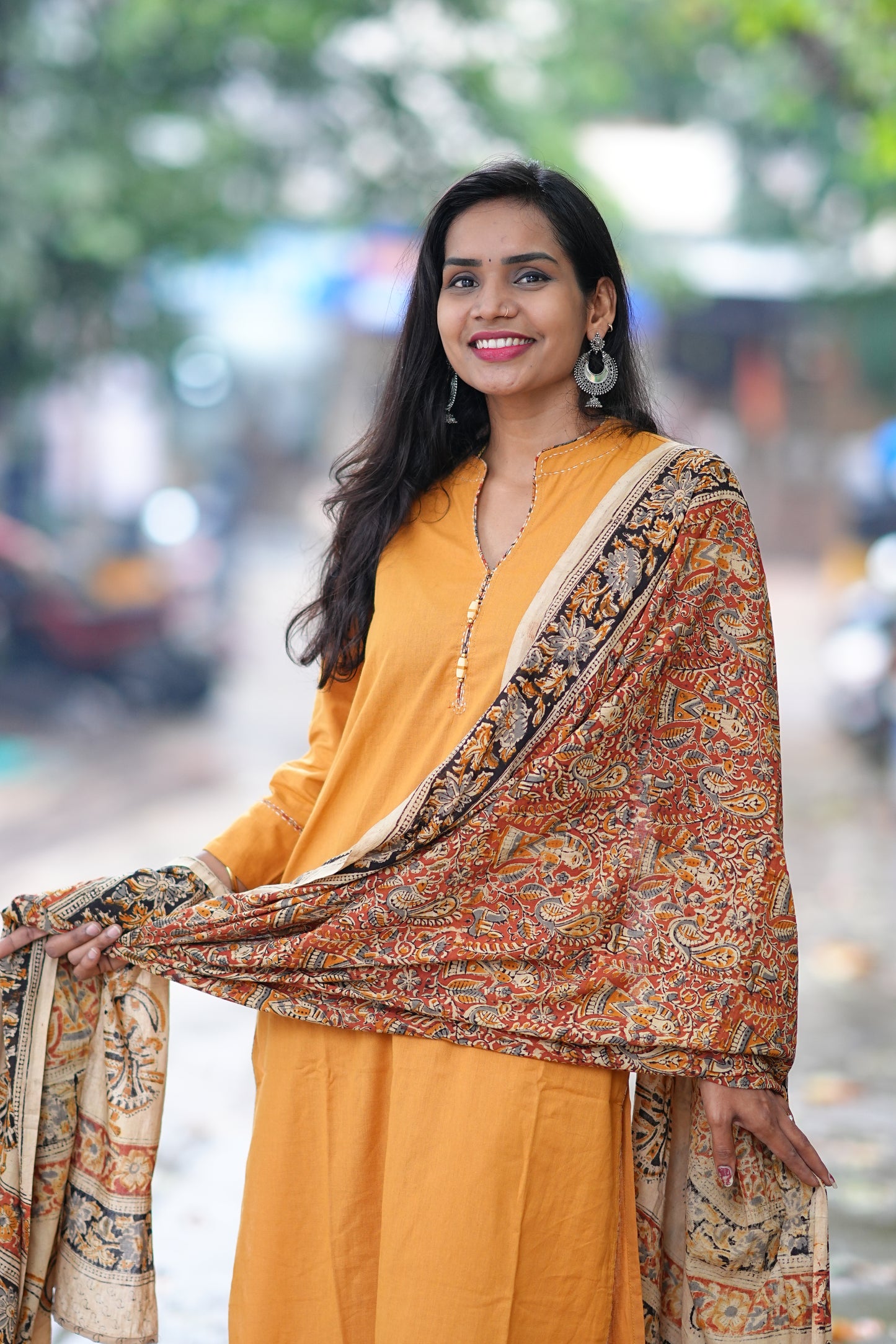 Yellow Color Pure Jaipur Cotton Chinese Collar Straight Cut With Kalamkari Dupatta