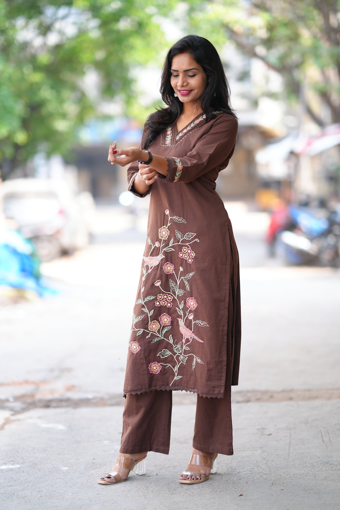 Brown Color Jaipur Cotton With Heavy Embroidery Work