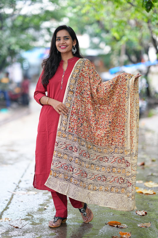 Red Color Pure Jaipur Cotton Chinese Collar Straight Cut With Kalamkari Dupatta