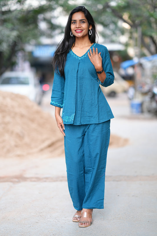 Russian Green Stylish Office Wear Coord Set With Embroidery Work