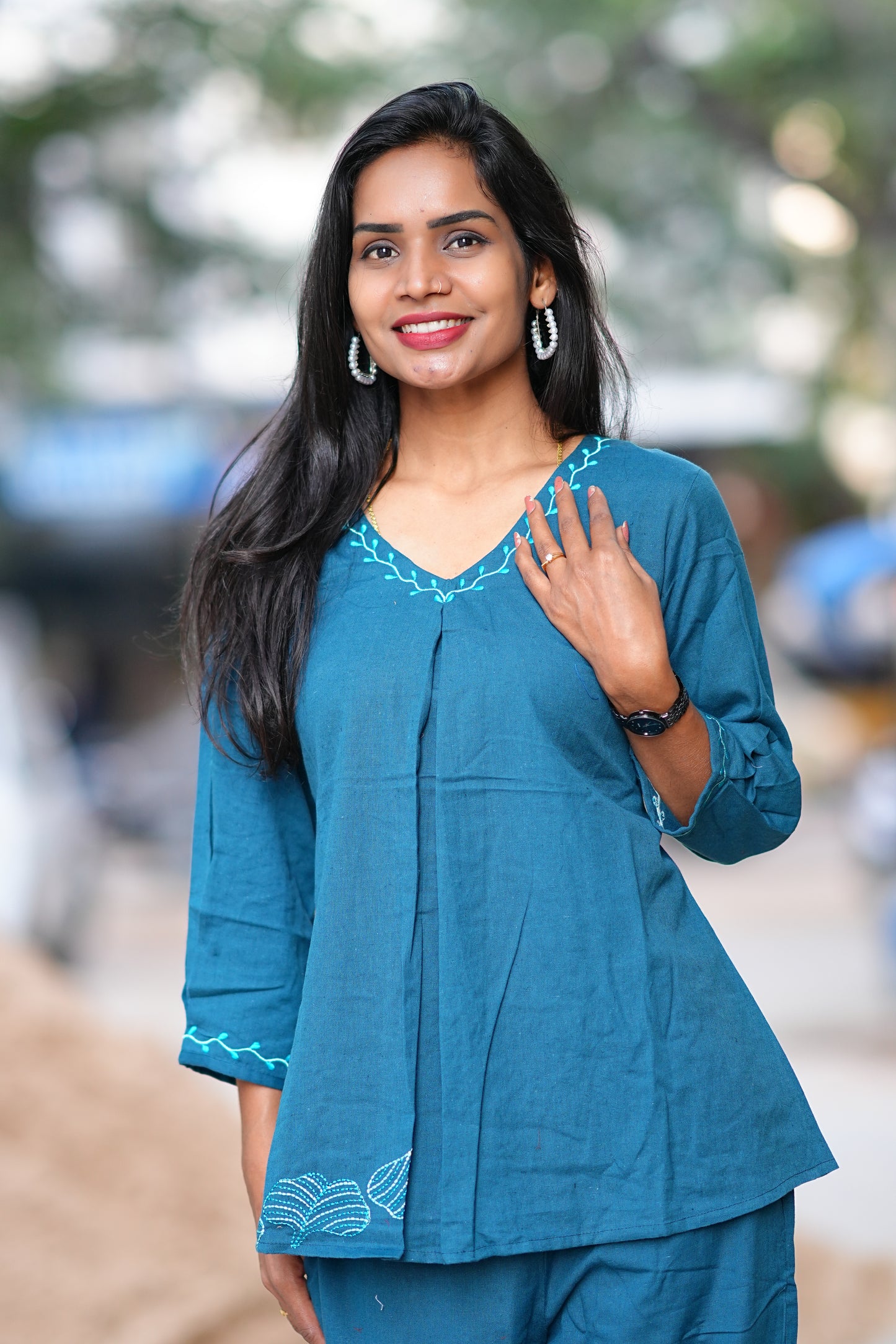 Russian Green Stylish Office Wear Coord Set With Embroidery Work