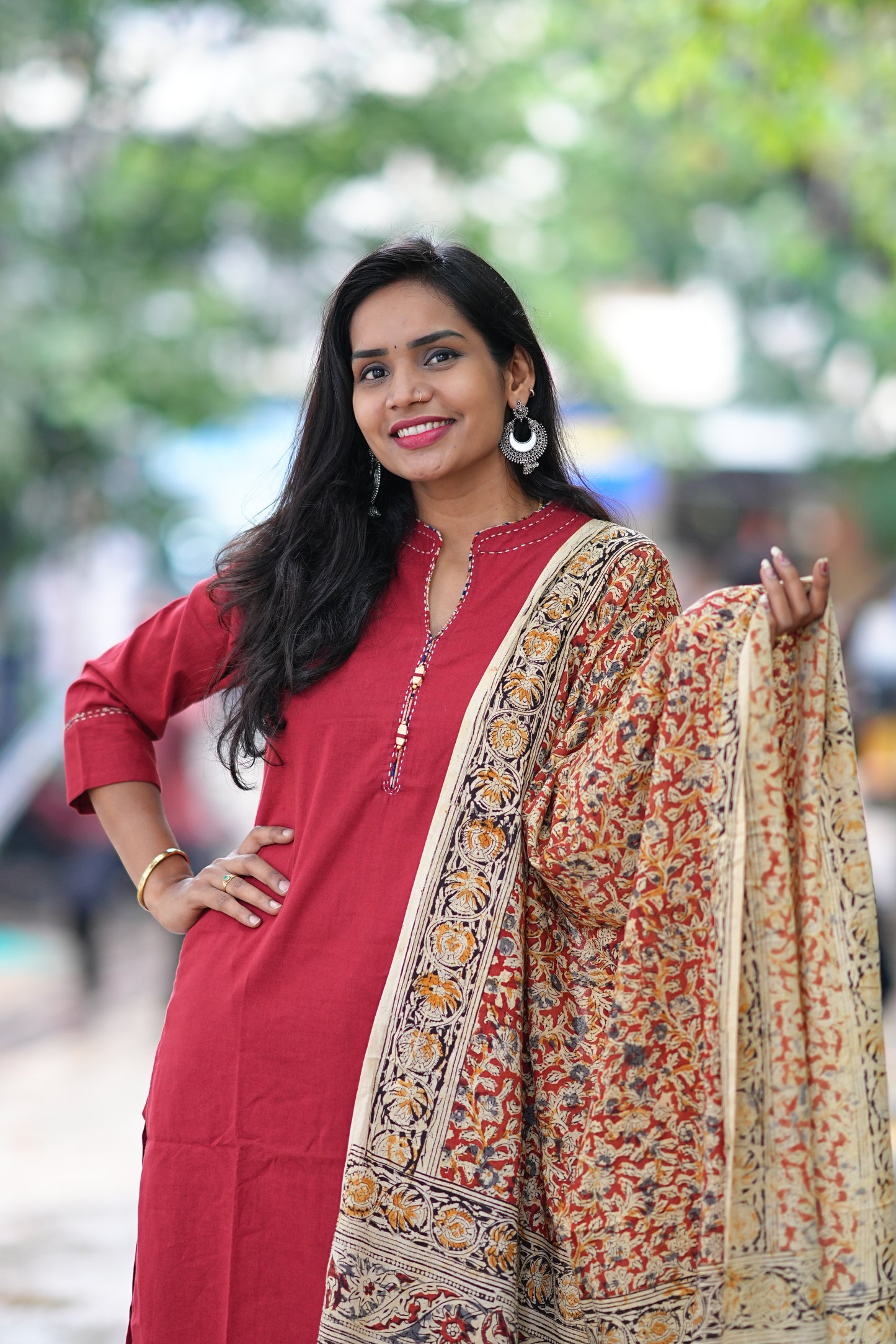 Red Color Pure Jaipur Cotton Chinese Collar Straight Cut With Kalamkari Dupatta