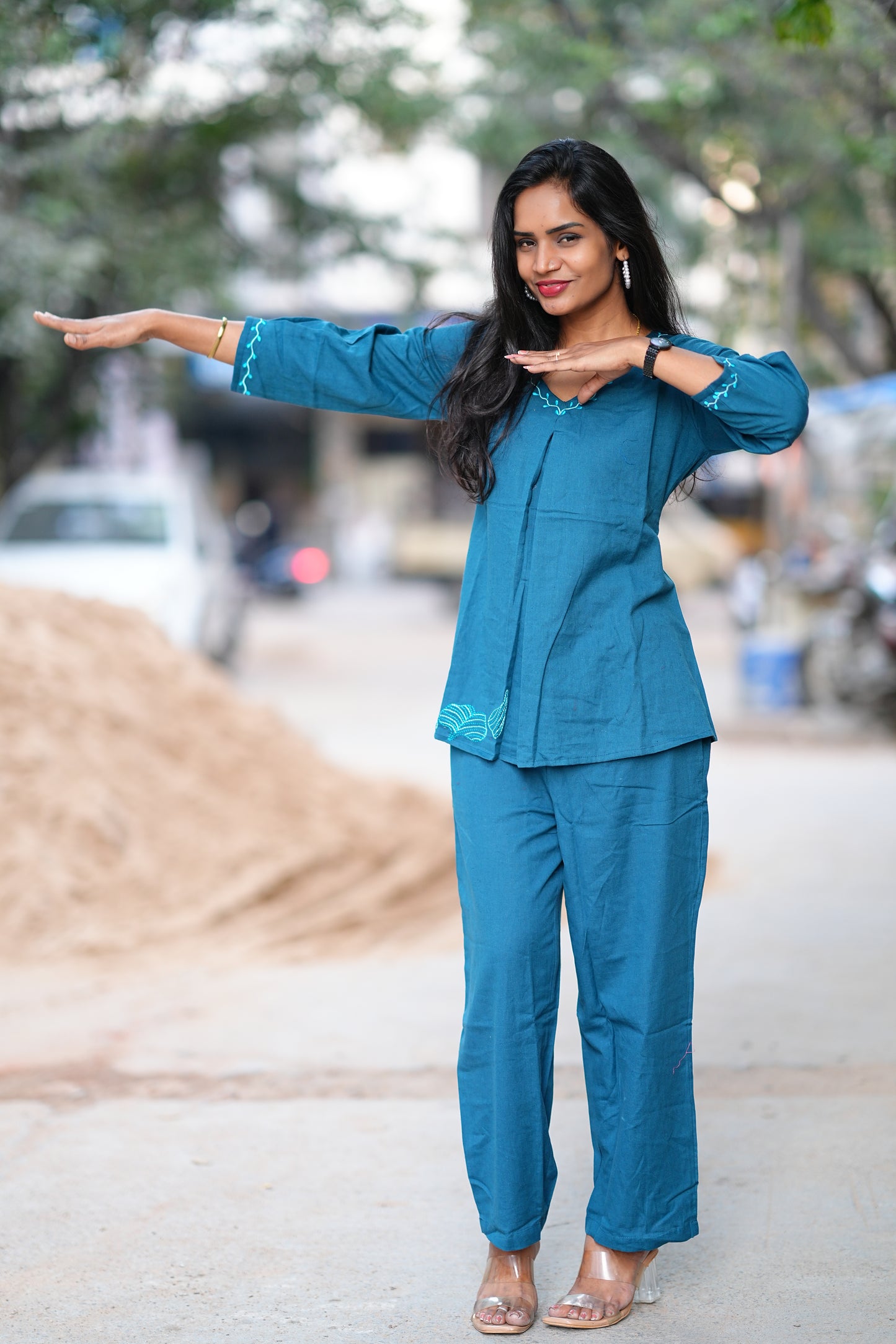 Russian Green Stylish Office Wear Coord Set With Embroidery Work