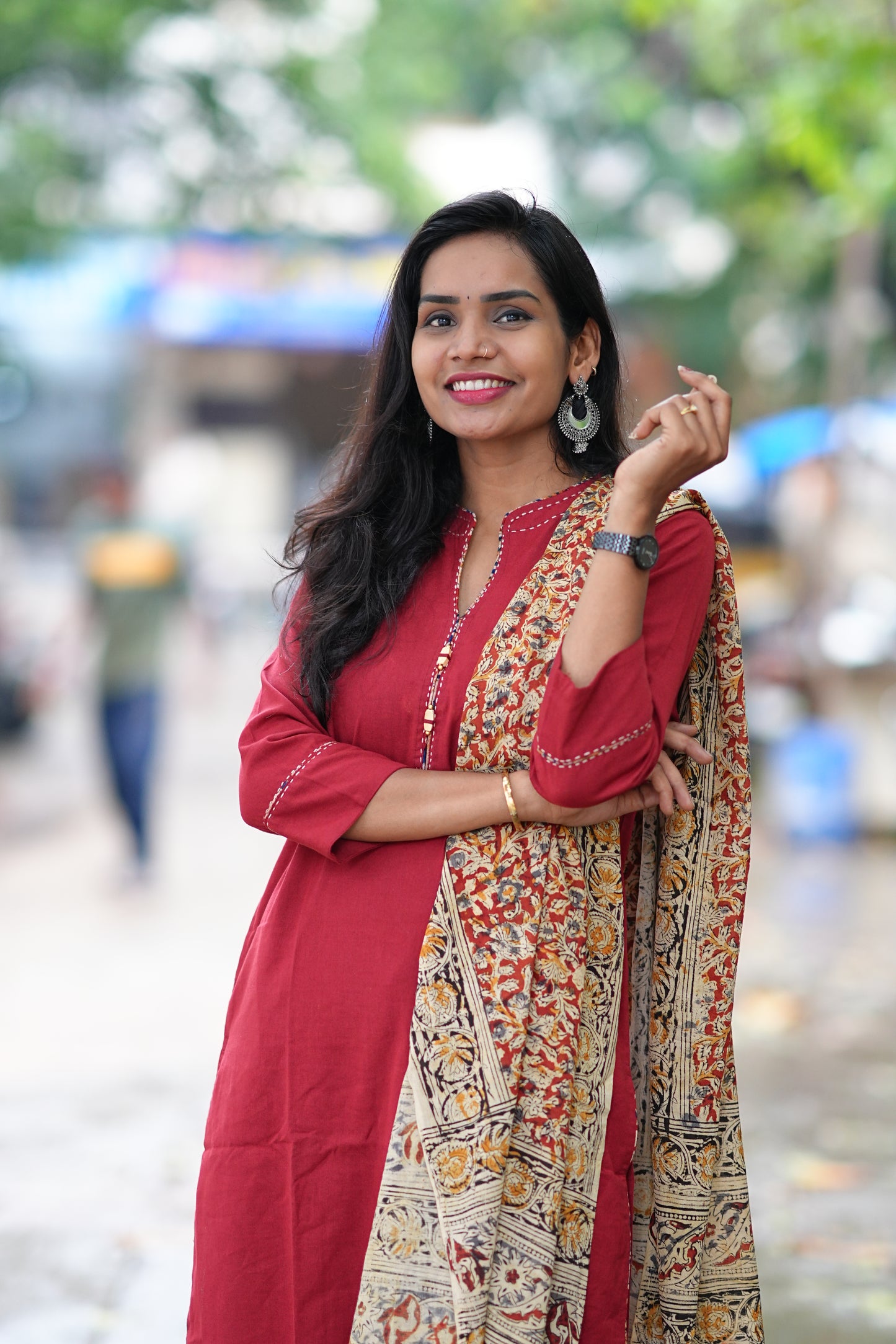 Red Color Pure Jaipur Cotton Chinese Collar Straight Cut With Kalamkari Dupatta