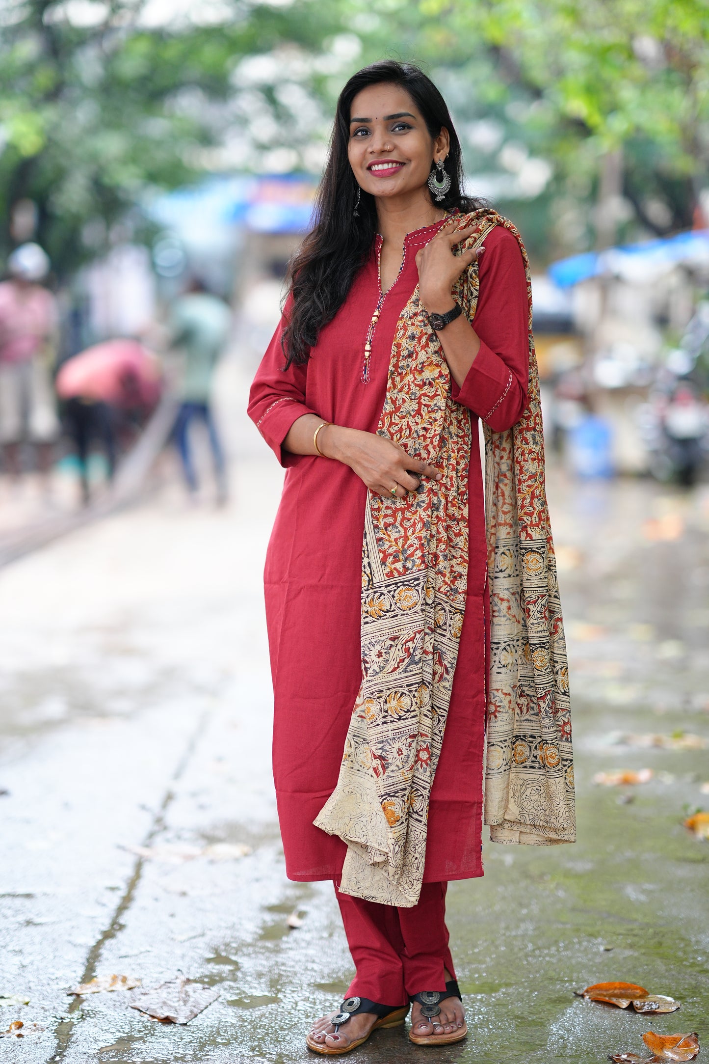 Red Color Pure Jaipur Cotton Chinese Collar Straight Cut With Kalamkari Dupatta