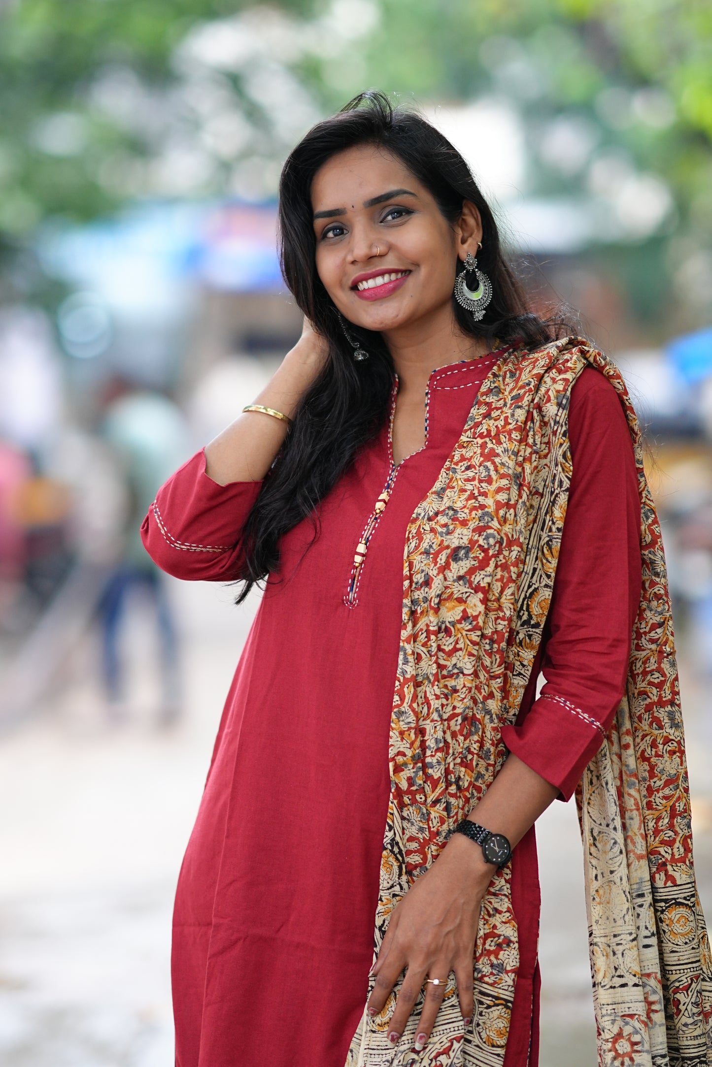 Red Color Pure Jaipur Cotton Chinese Collar Straight Cut With Kalamkari Dupatta