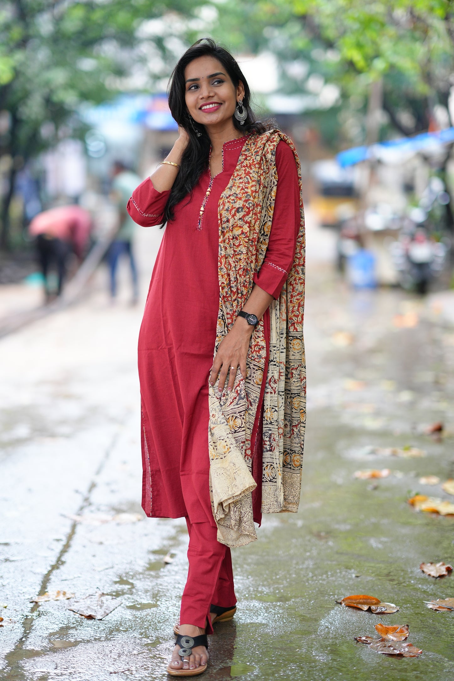 Red Color Pure Jaipur Cotton Chinese Collar Straight Cut With Kalamkari Dupatta
