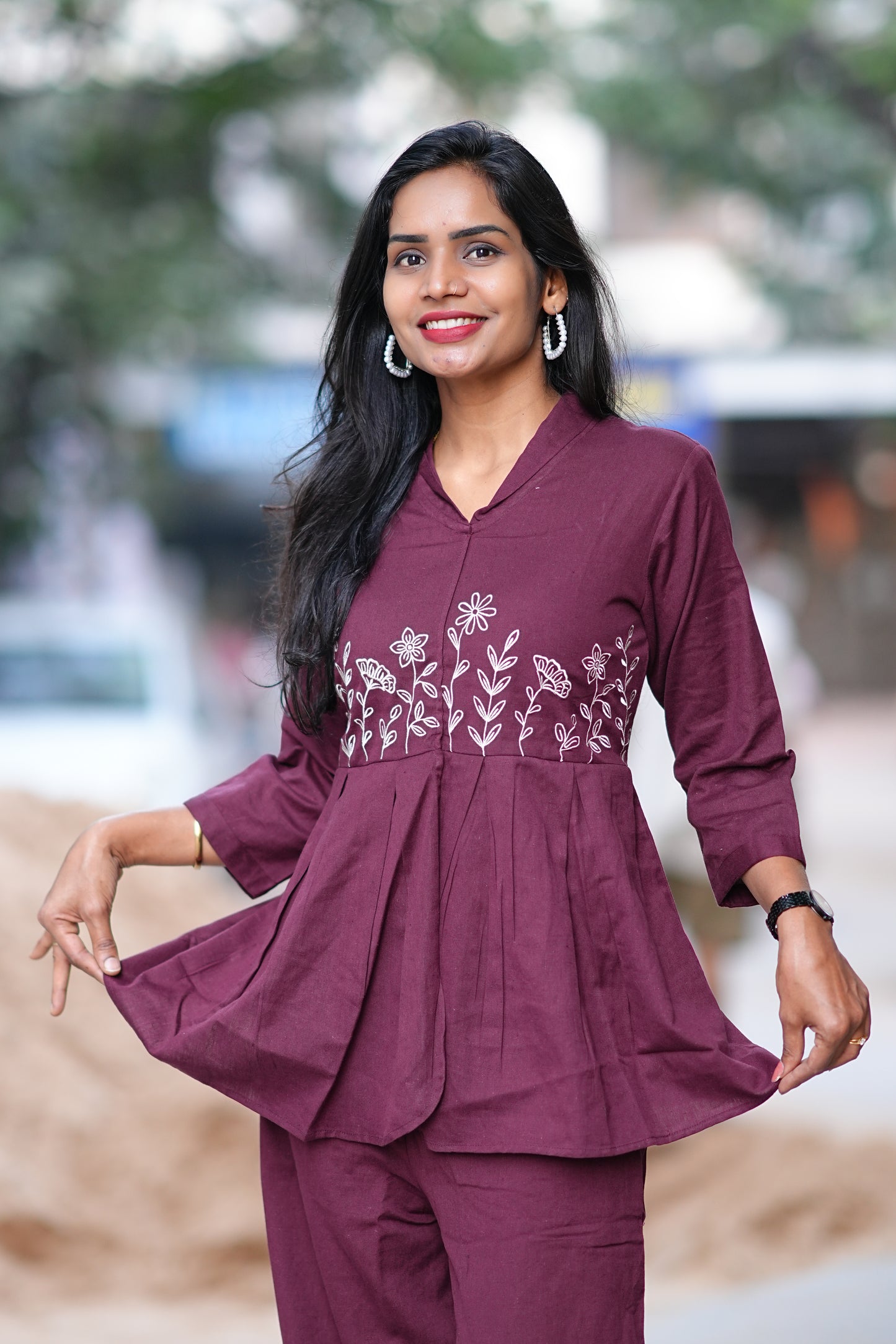 Wine Color Thread Embriodary Office Wear Cordset