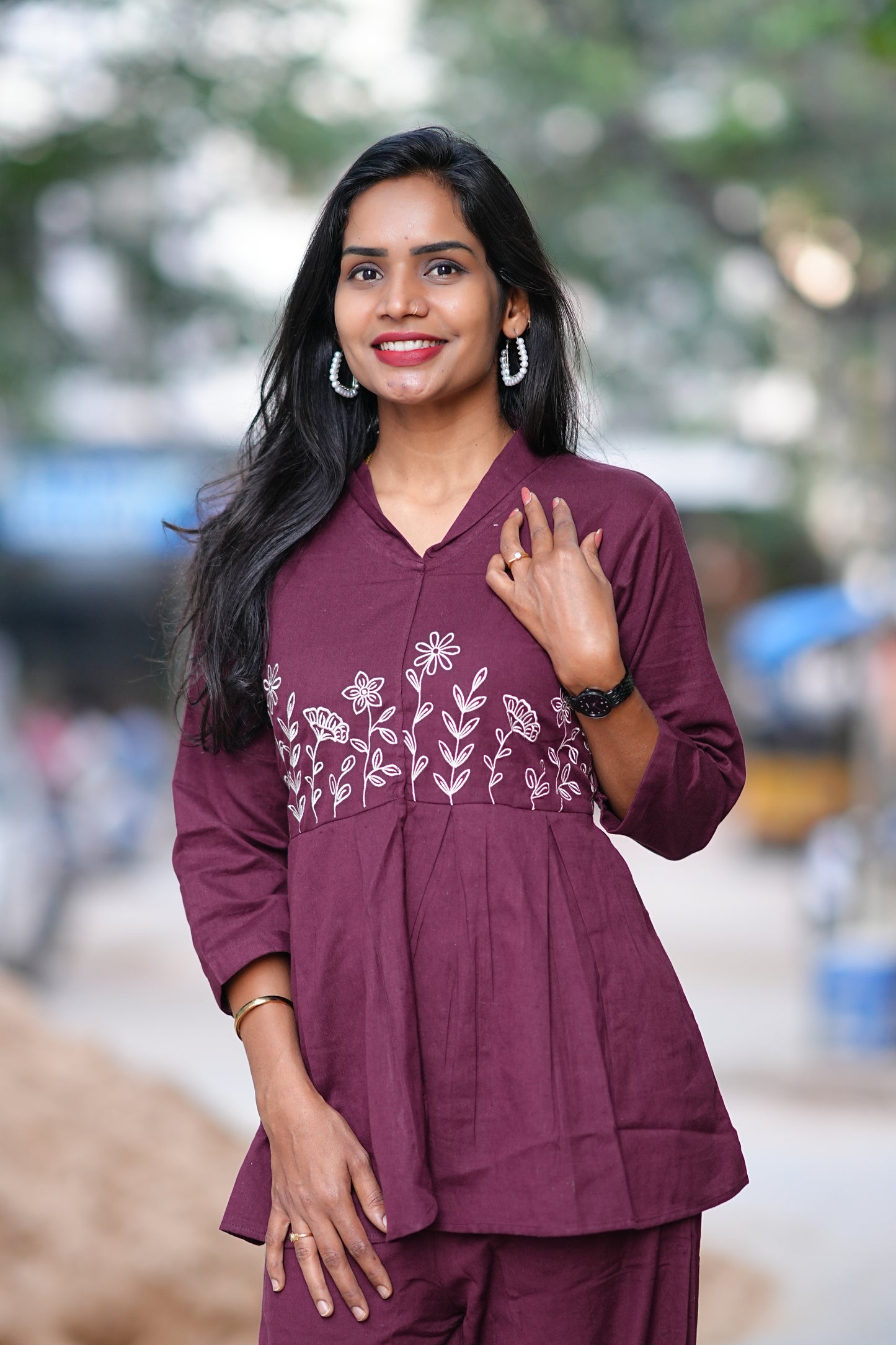 Wine Color Thread Embriodary Office Wear Cordset