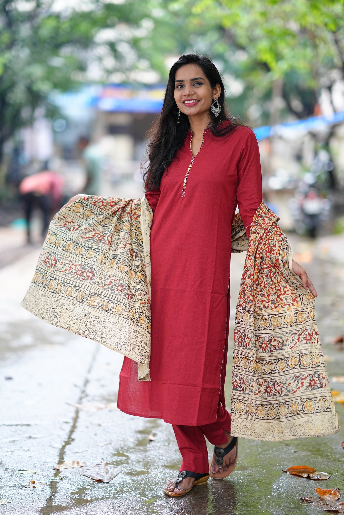 Red Color Pure Jaipur Cotton Chinese Collar Straight Cut With Kalamkari Dupatta