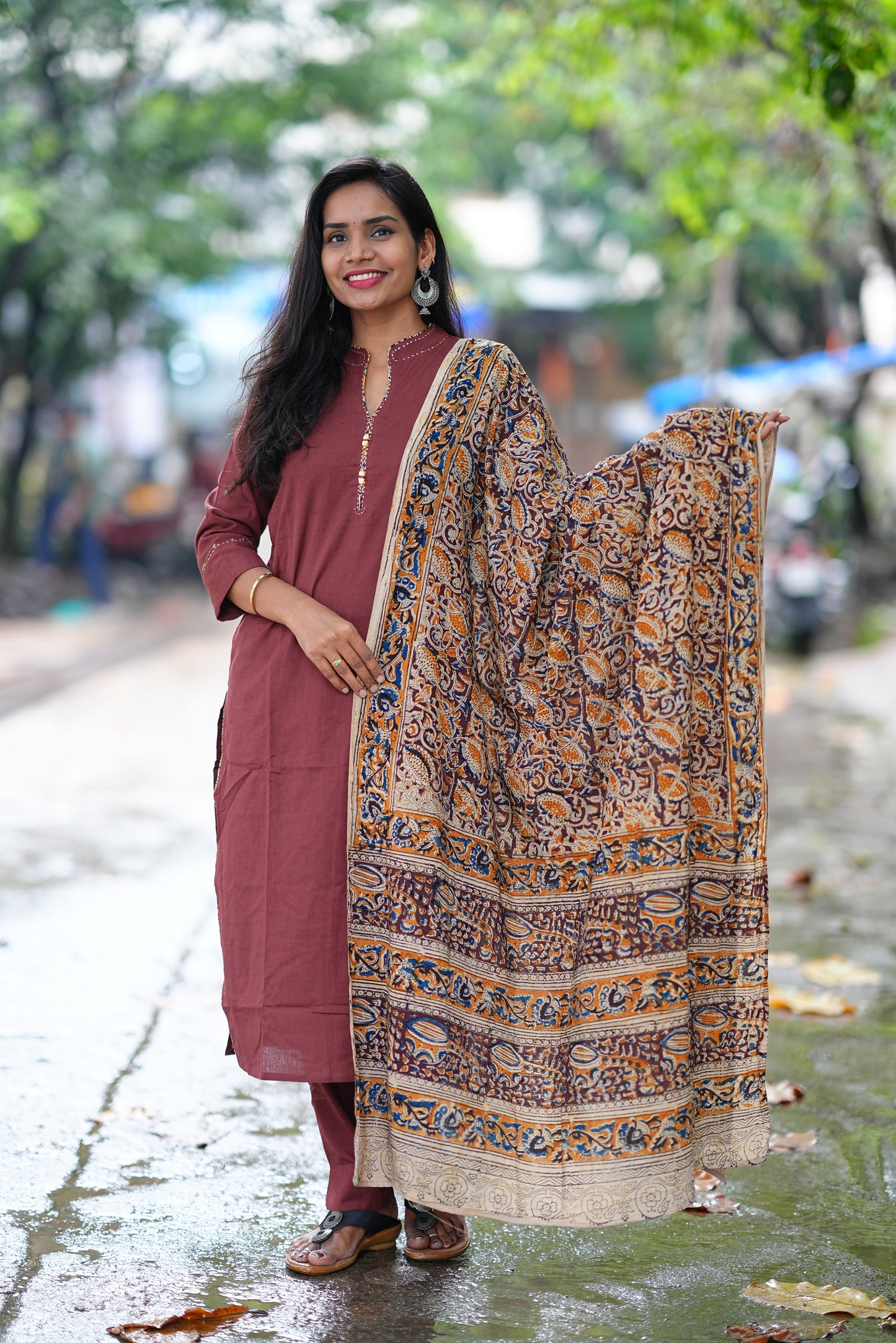 Brown Color Pure Jaipur Cotton Chinese Collar Straight Cut With Kalamkari Dupatta