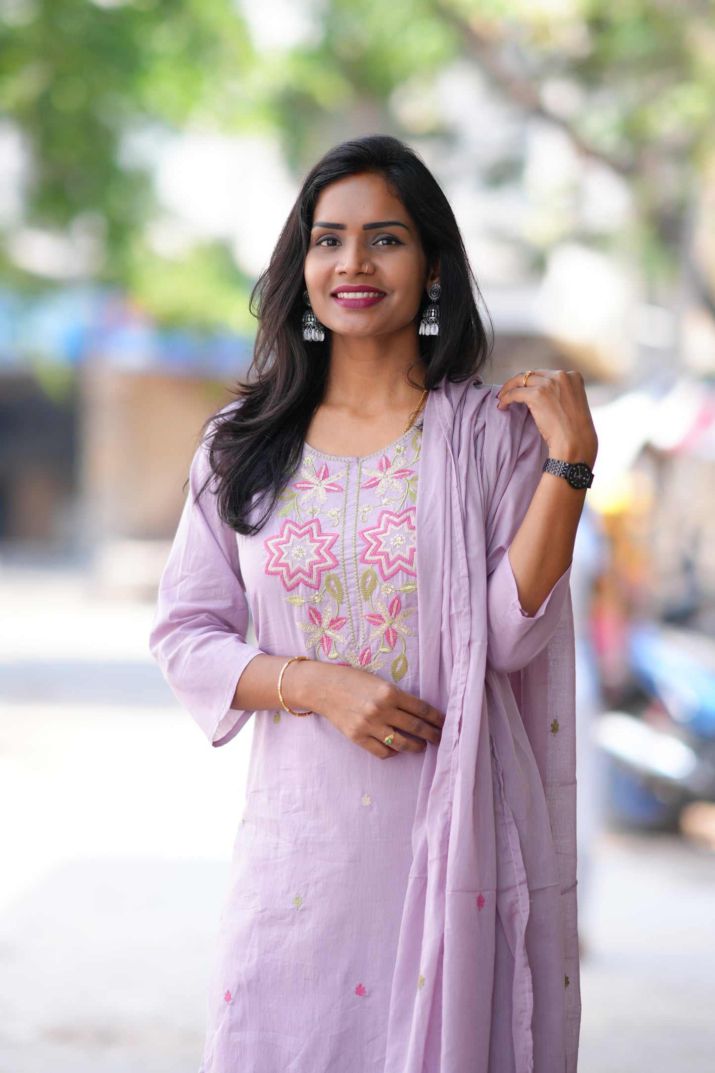 Light Purple Color Mul Cotton 3 Piece Set With Embroidery Work and Complete Lining