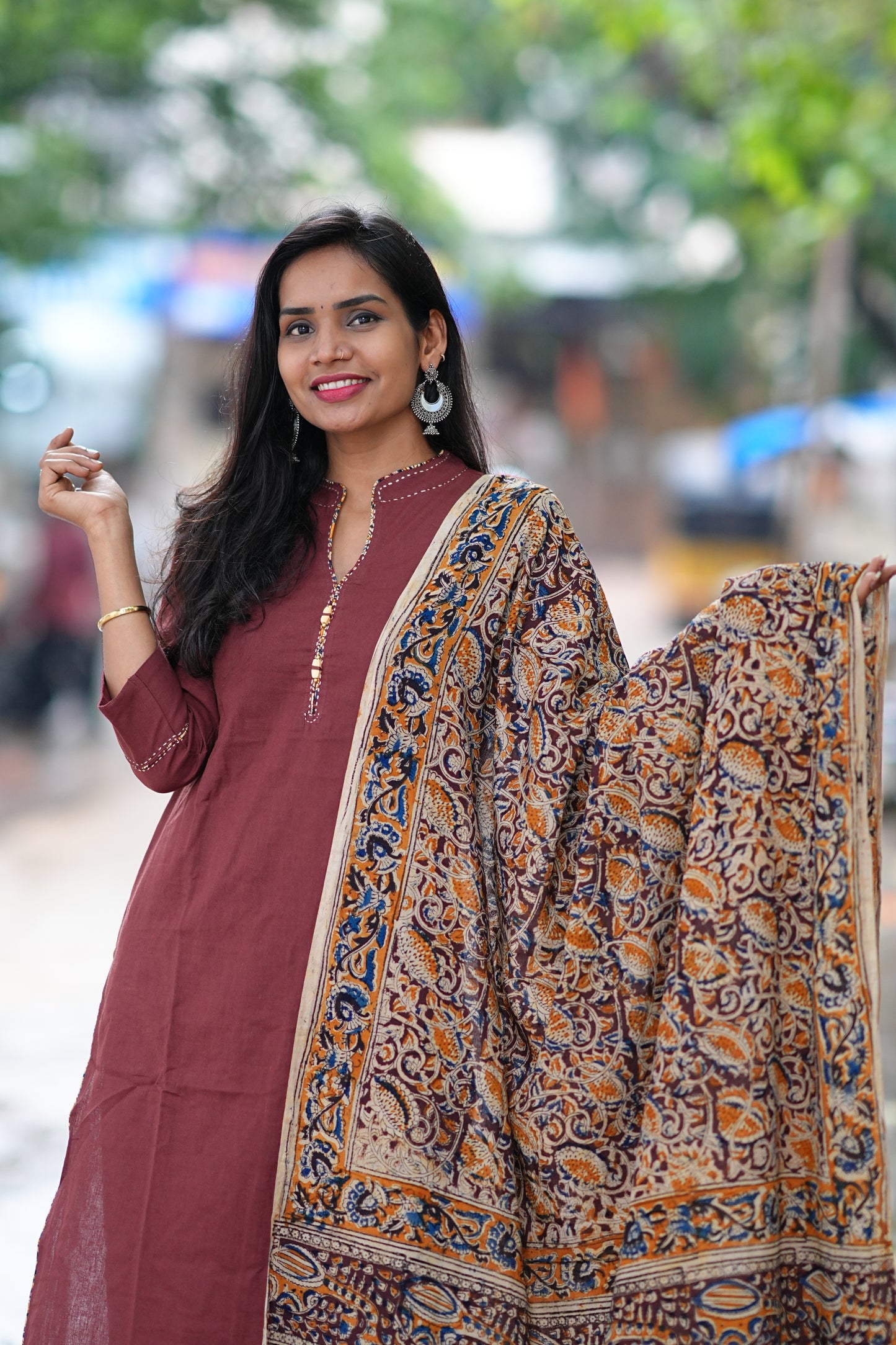 Brown Color Pure Jaipur Cotton Chinese Collar Straight Cut With Kalamkari Dupatta