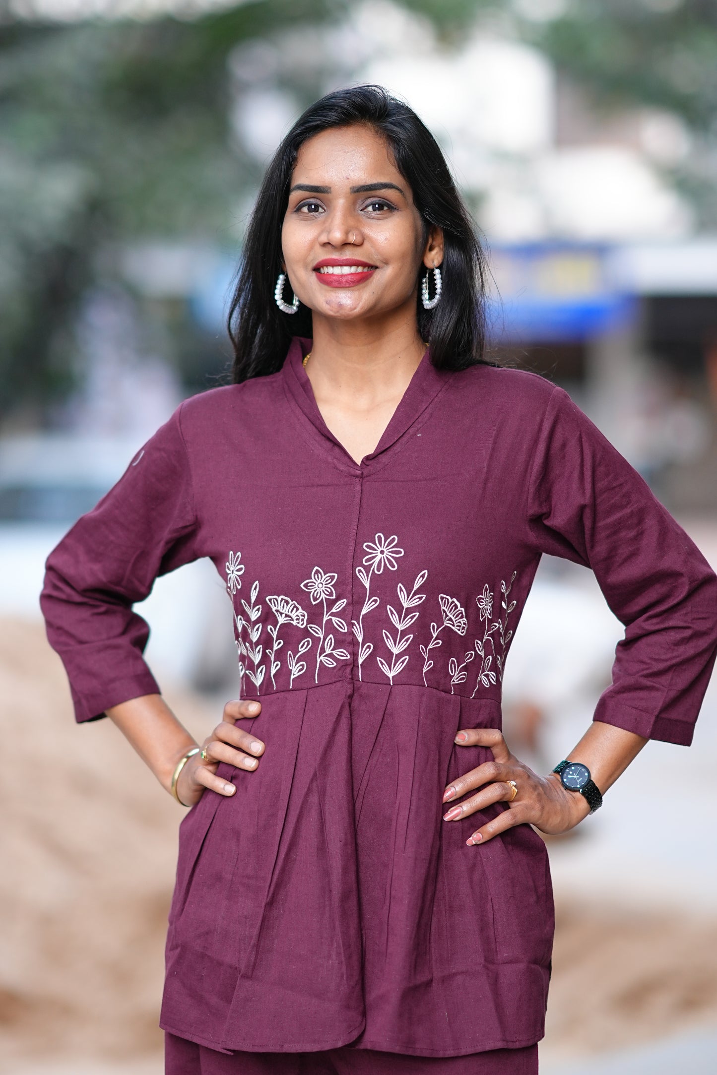 Wine Color Thread Embriodary Office Wear Cordset
