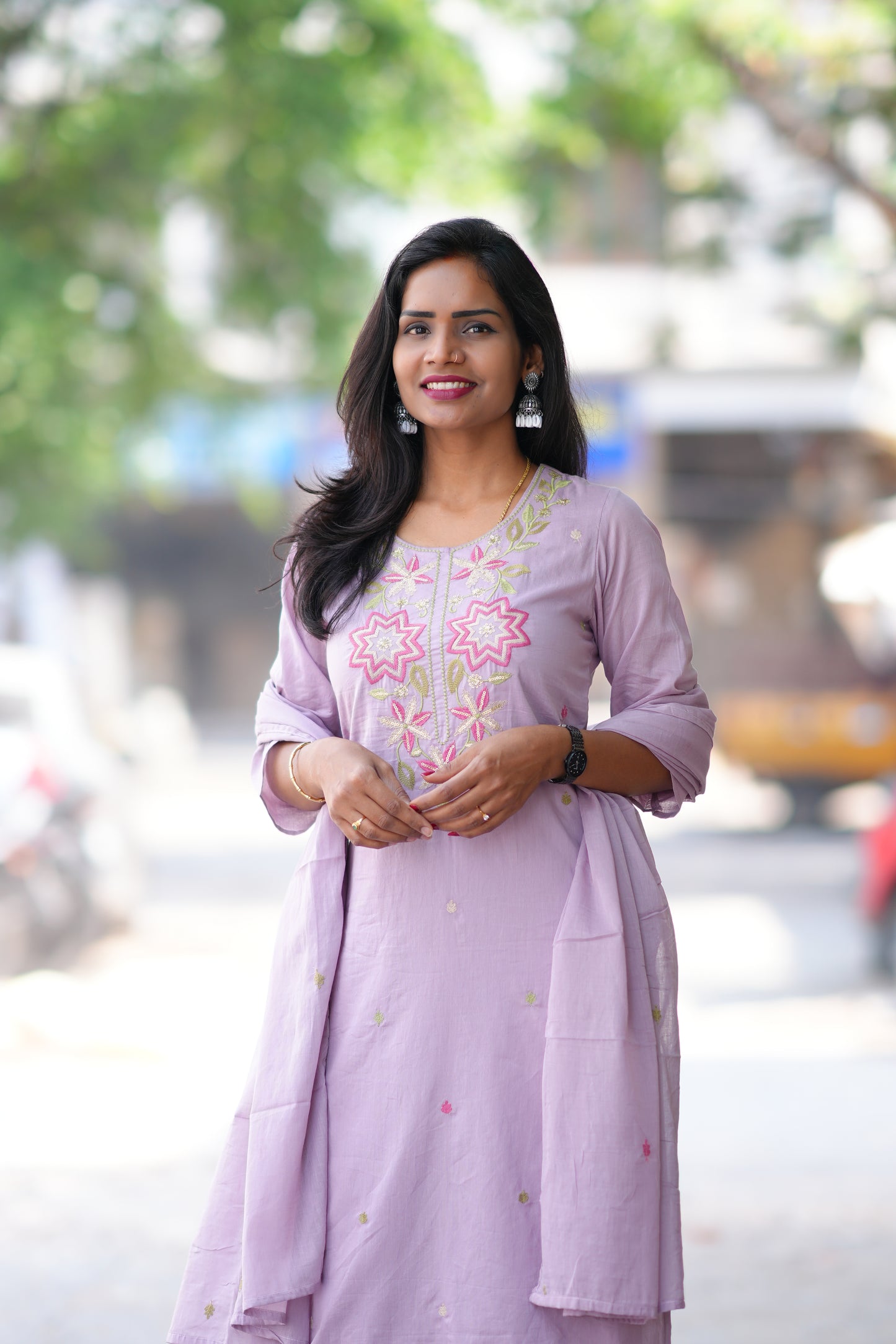 Light Purple Color Mul Cotton 3 Piece Set With Embroidery Work and Complete Lining