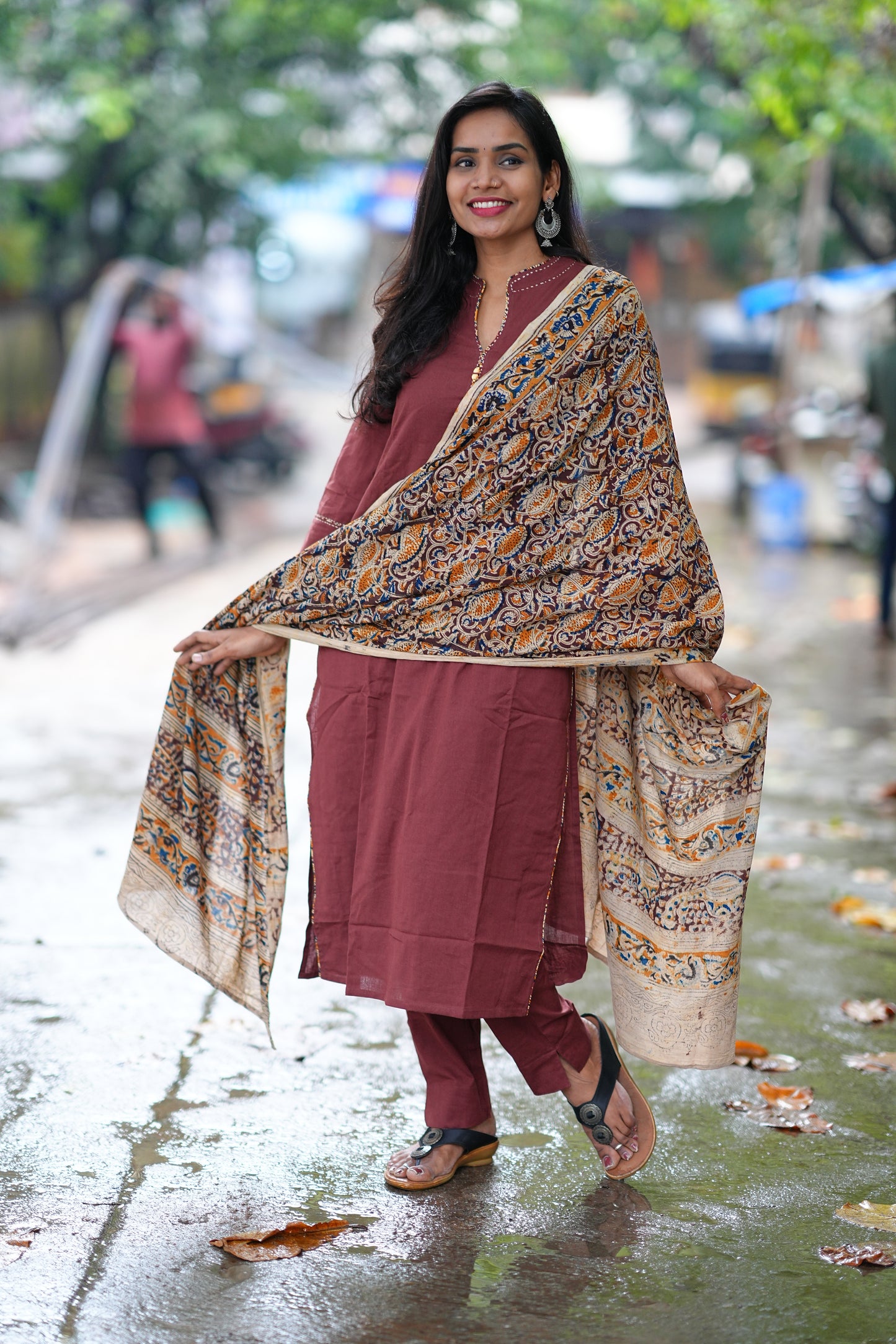 Brown Color Pure Jaipur Cotton Chinese Collar Straight Cut With Kalamkari Dupatta
