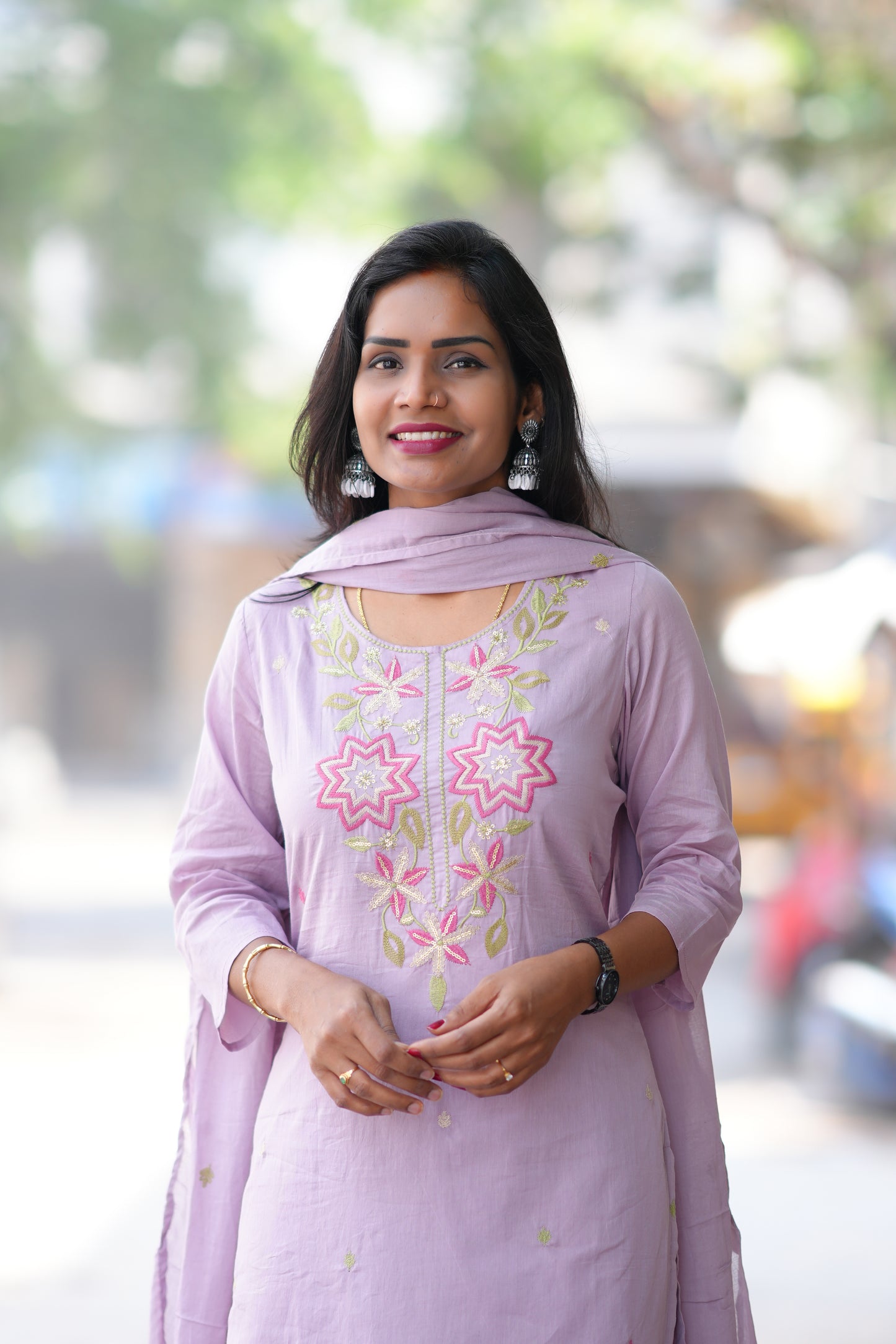 Light Purple Color Mul Cotton 3 Piece Set With Embroidery Work and Complete Lining
