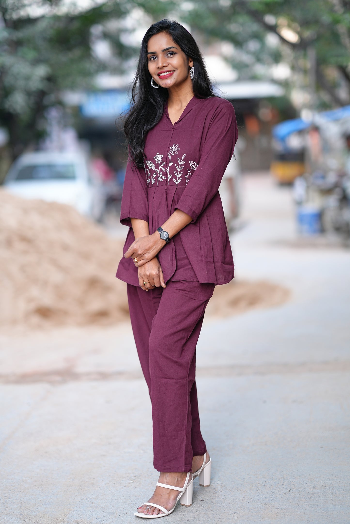 Wine Color Thread Embriodary Office Wear Cordset