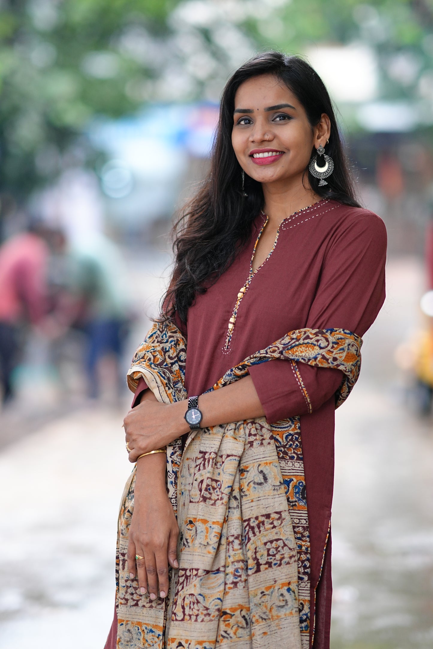 Brown Color Pure Jaipur Cotton Chinese Collar Straight Cut With Kalamkari Dupatta