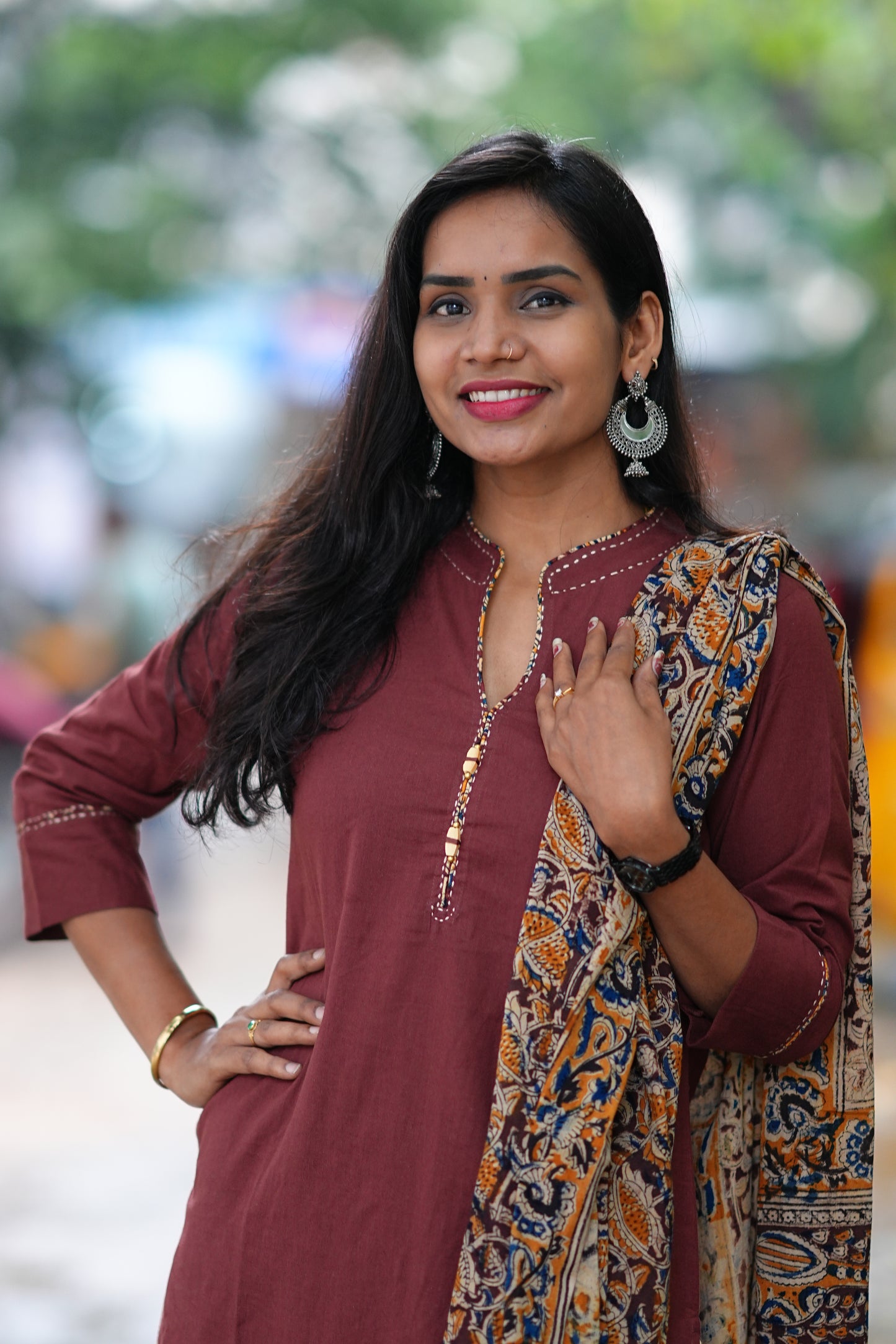 Brown Color Pure Jaipur Cotton Chinese Collar Straight Cut With Kalamkari Dupatta